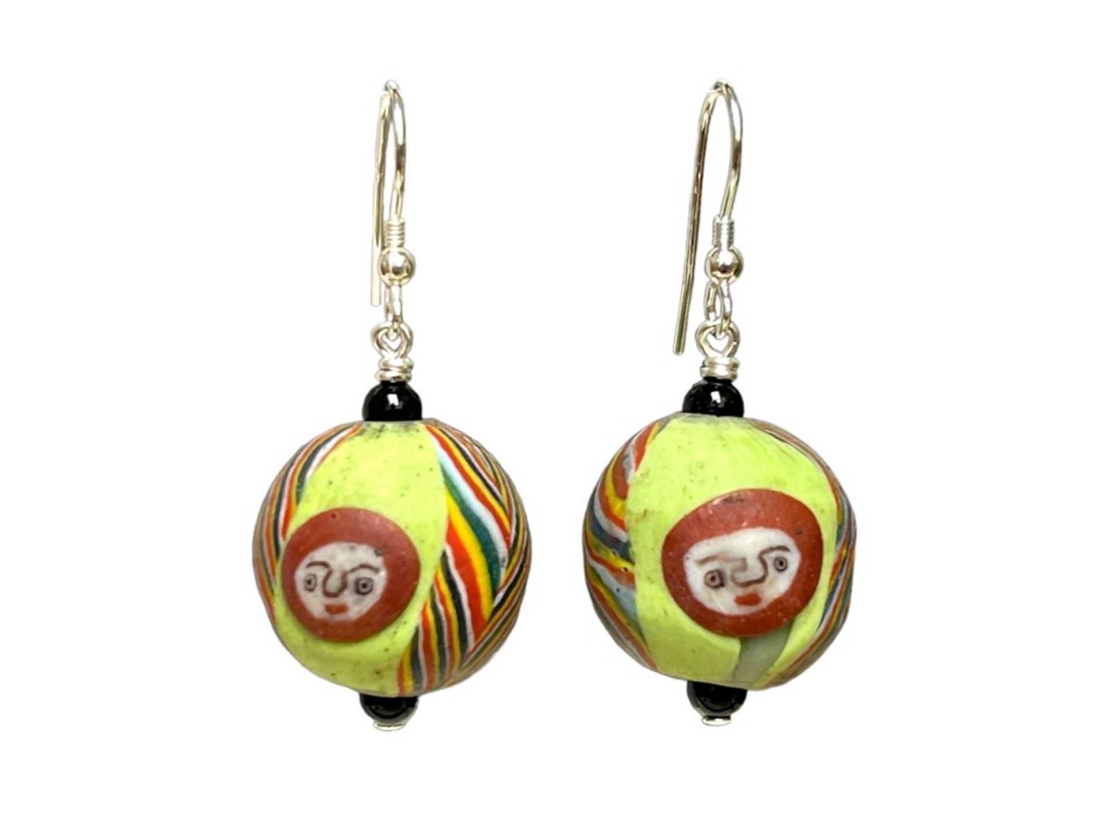 A Pair Of Javanese Green Patterned With Small Faces Glass Bead Earrings