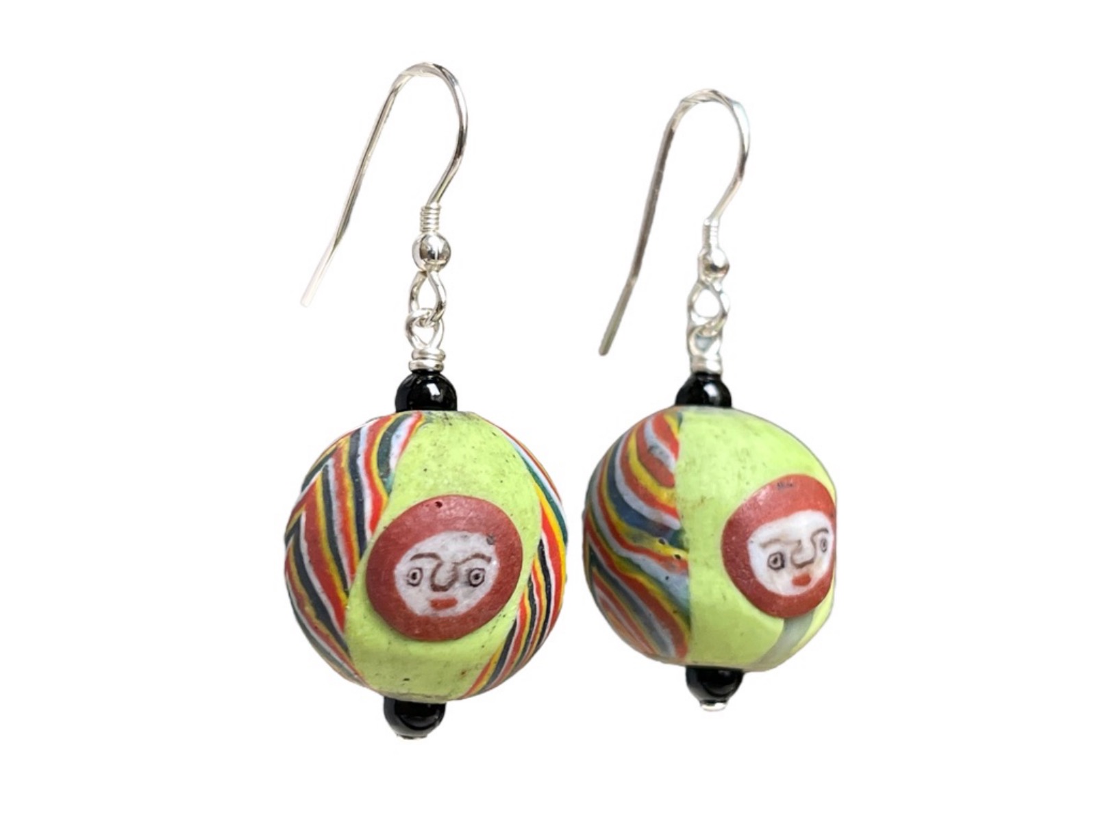 A Pair Of Javanese Green Patterned With Small Faces Glass Bead Earrings - Image 2