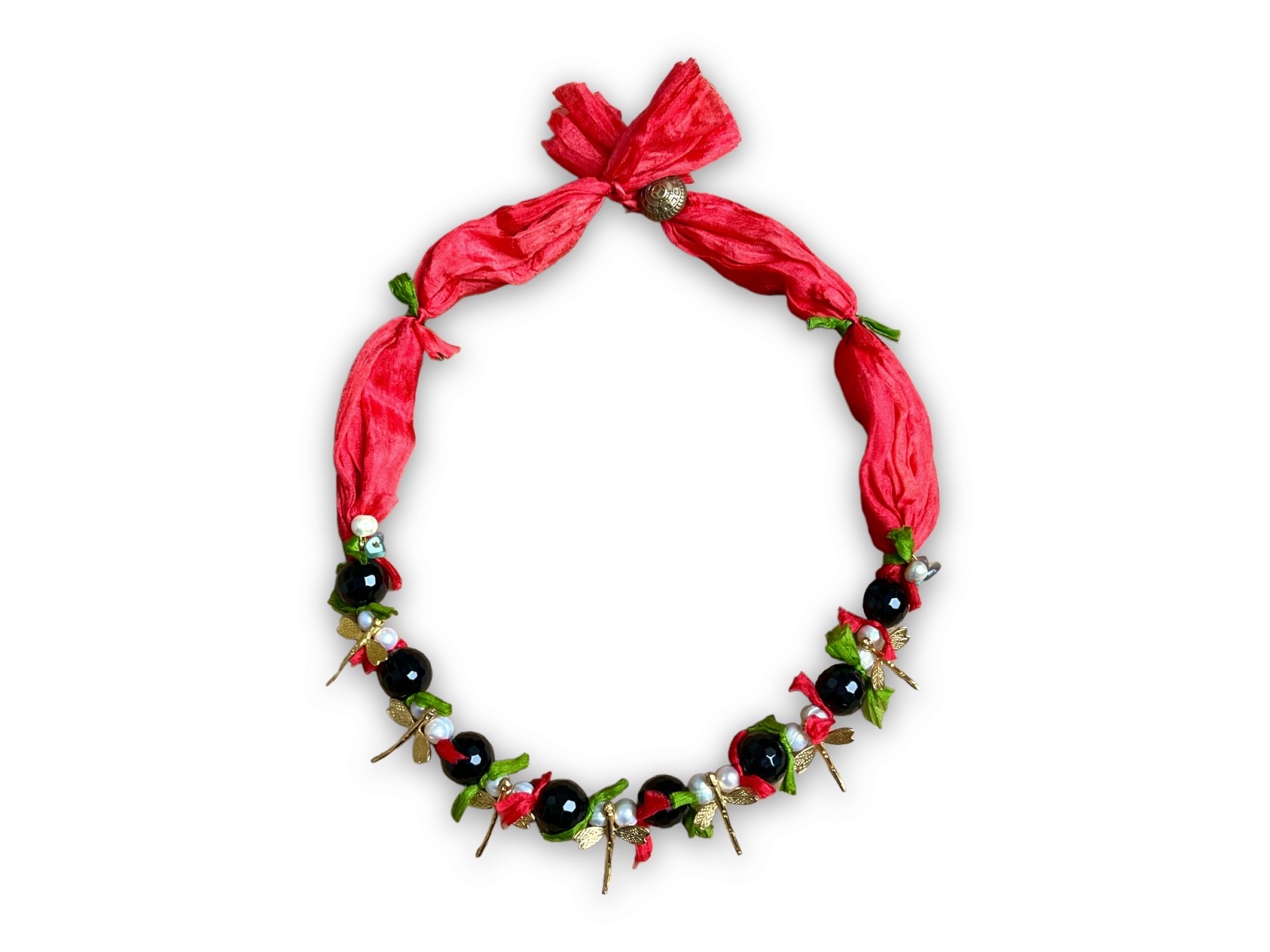 A Red Silk Bands Necklace With Gold Plated Dragon Flies, Black Facetted Round Glass Beads, And White Freshwater Pearls.