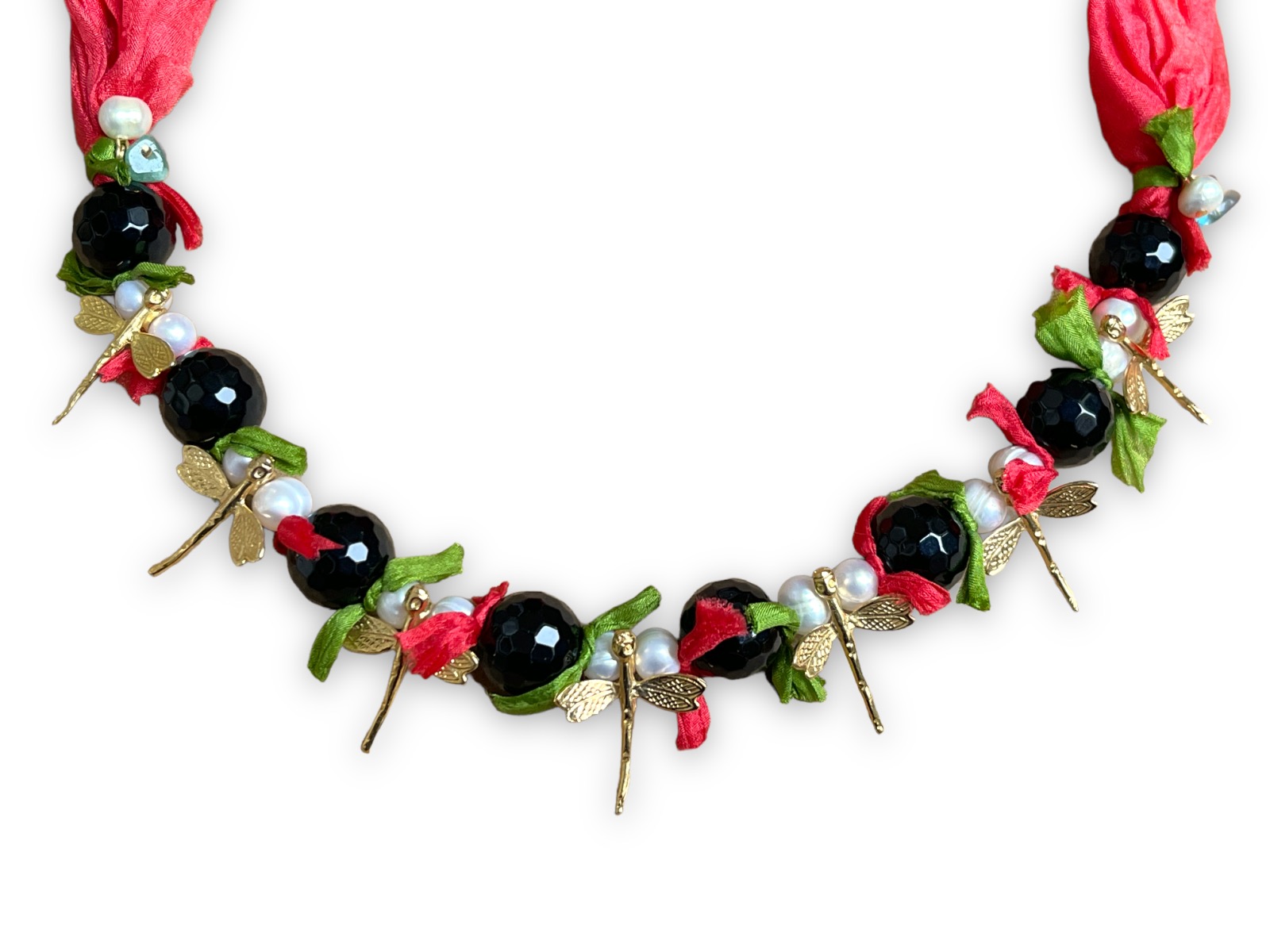 A Red Silk Bands Necklace With Gold Plated Dragon Flies, Black Facetted Round Glass Beads, And White Freshwater Pearls. - Image 3