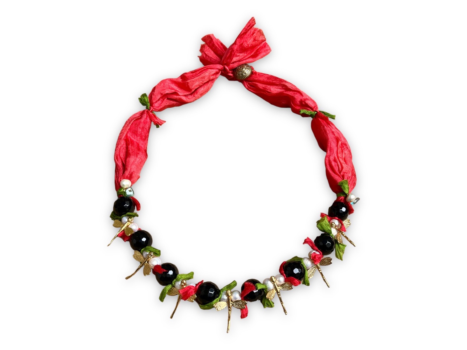 A Red Silk Bands Necklace With Gold Plated Dragon Flies, Black Facetted Round Glass Beads, And White Freshwater Pearls. - Image 2