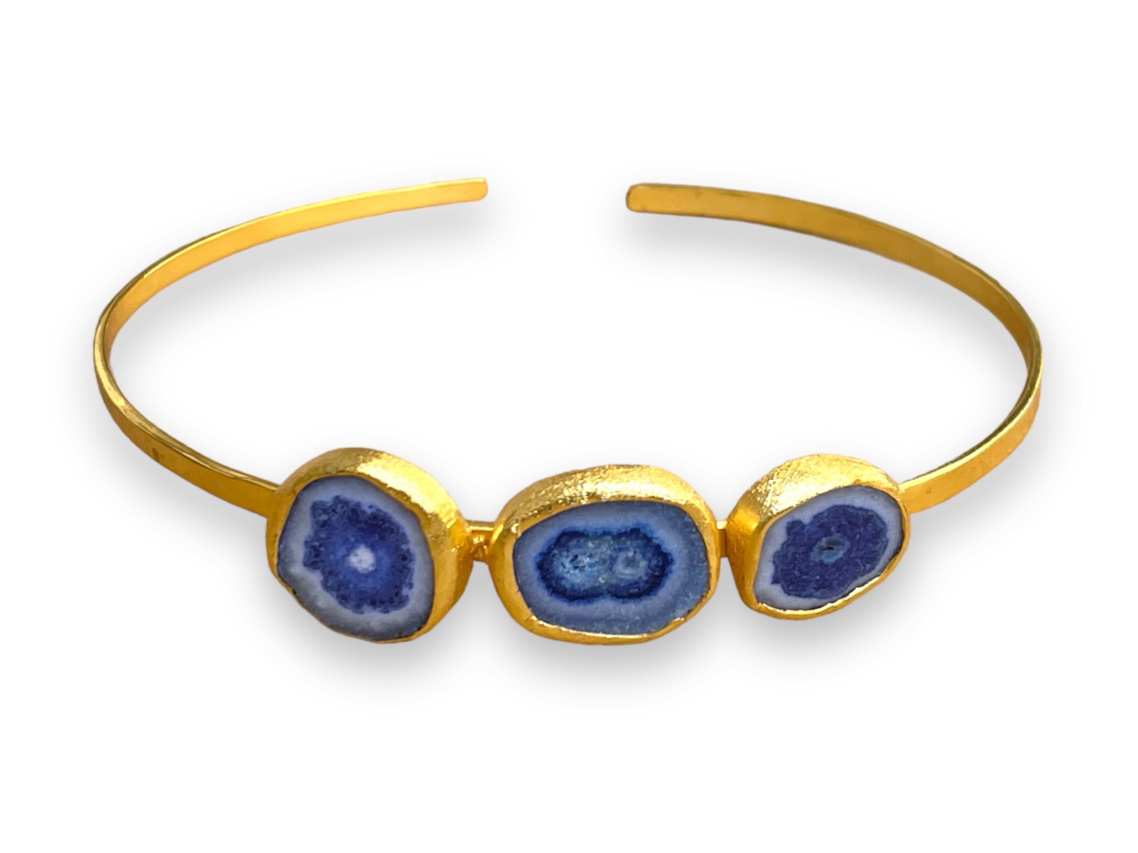A Gold Plated Open Band Choker With Three Blue Dyed, Natural Patterned, Solar Quartz Ovals, Each Set In A Gold Plated Oval Frame. - Image 2