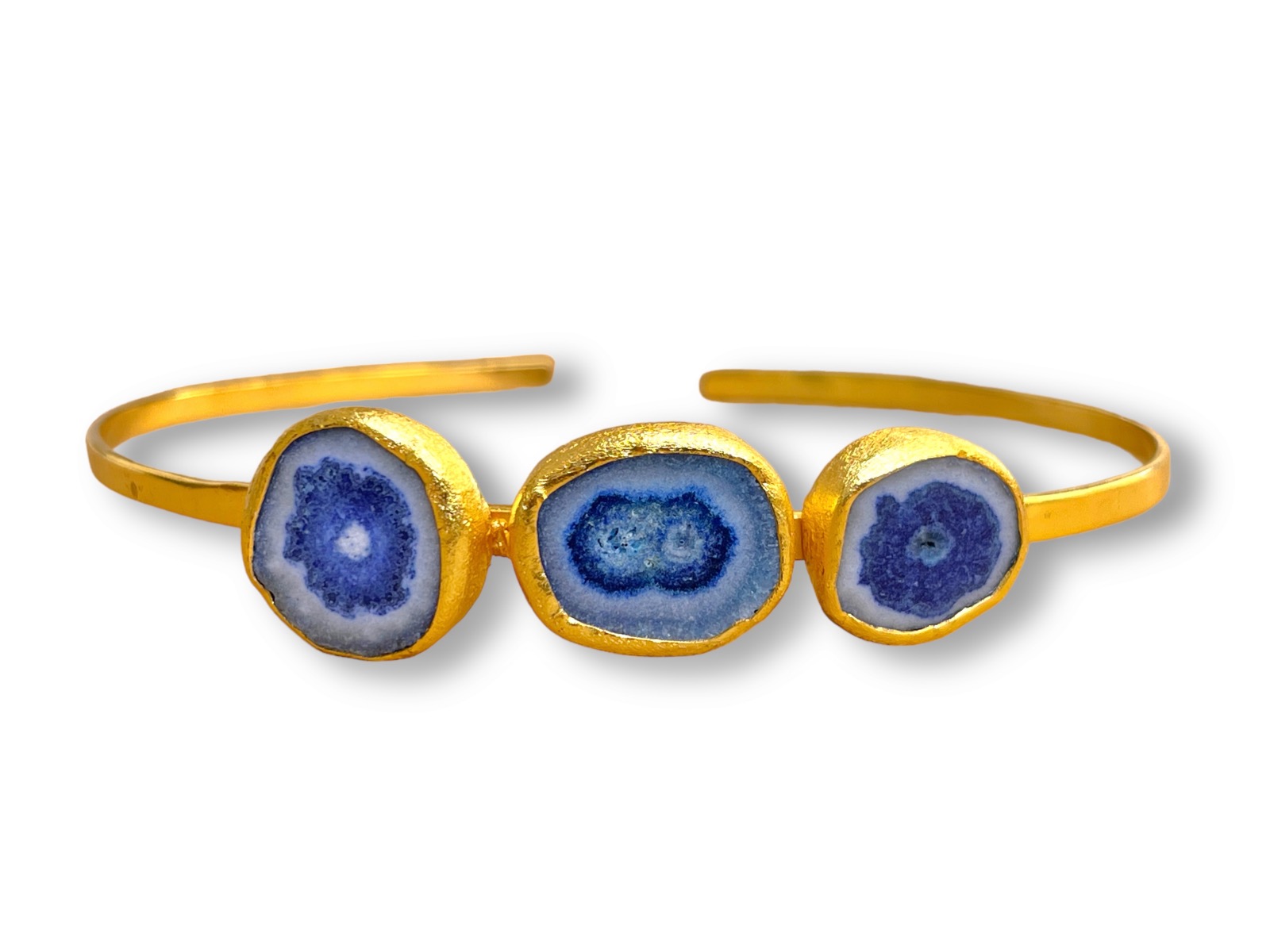 A Gold Plated Open Band Choker With Three Blue Dyed, Natural Patterned, Solar Quartz Ovals, Each Set In A Gold Plated Oval Frame.