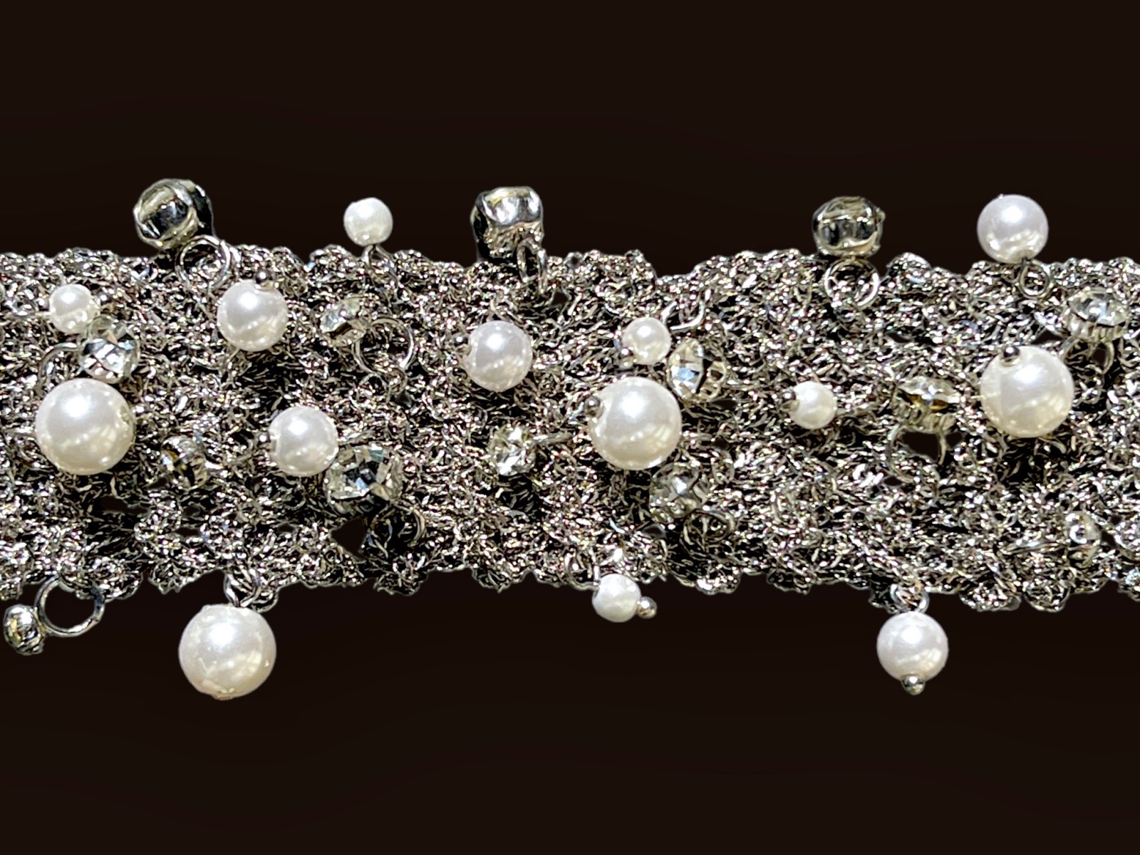 A Silvered Metal Wire Mesh Bracelet Decorated With White 'Faux Pearls' Round Glass Beads And Clear Facetted Glass Domed Circular Beads. - Image 3