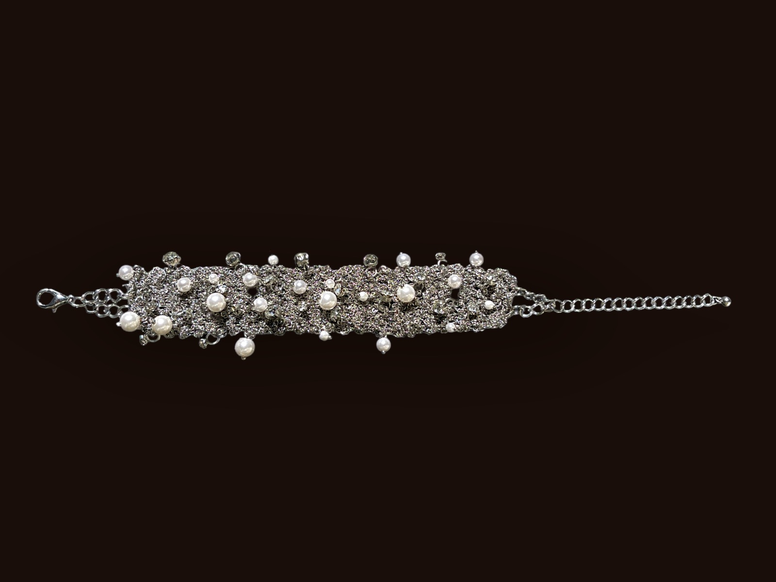 A Silvered Metal Wire Mesh Bracelet Decorated With White 'Faux Pearls' Round Glass Beads And Clear Facetted Glass Domed Circular Beads. - Image 2