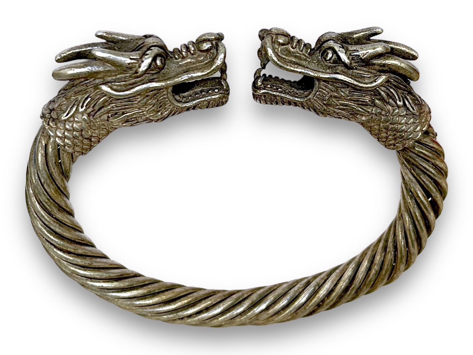 A Miao Old Silver Plated Coiled Bands Open Cuff, With Two Dragon Head Finials. China. - Image 2