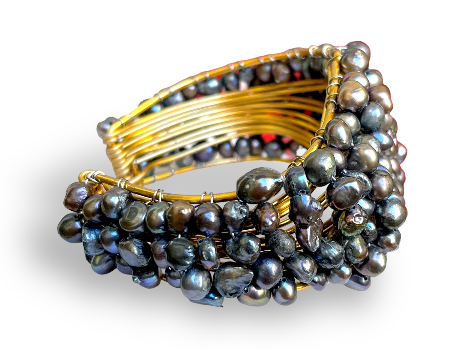 A Brass Tapered Bands Open Cuff Decorated With Small Peacock Freshwater Pearls. - Image 3