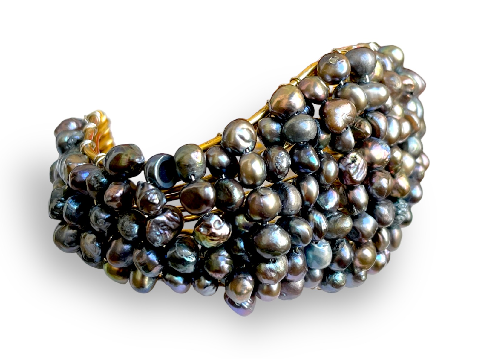 A Brass Tapered Bands Open Cuff Decorated With Small Peacock Freshwater Pearls. - Image 2