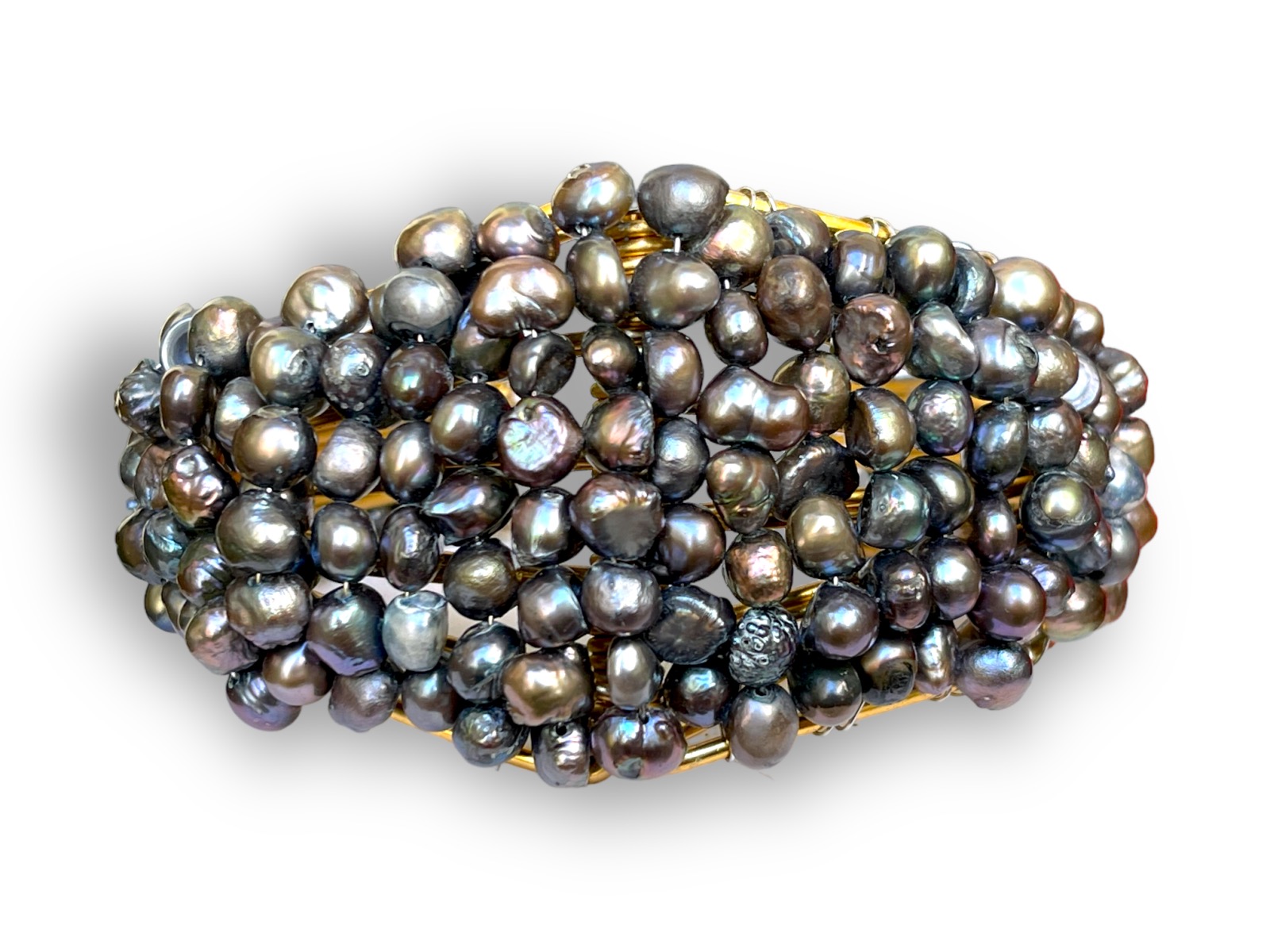 A Brass Tapered Bands Open Cuff Decorated With Small Peacock Freshwater Pearls. - Image 4
