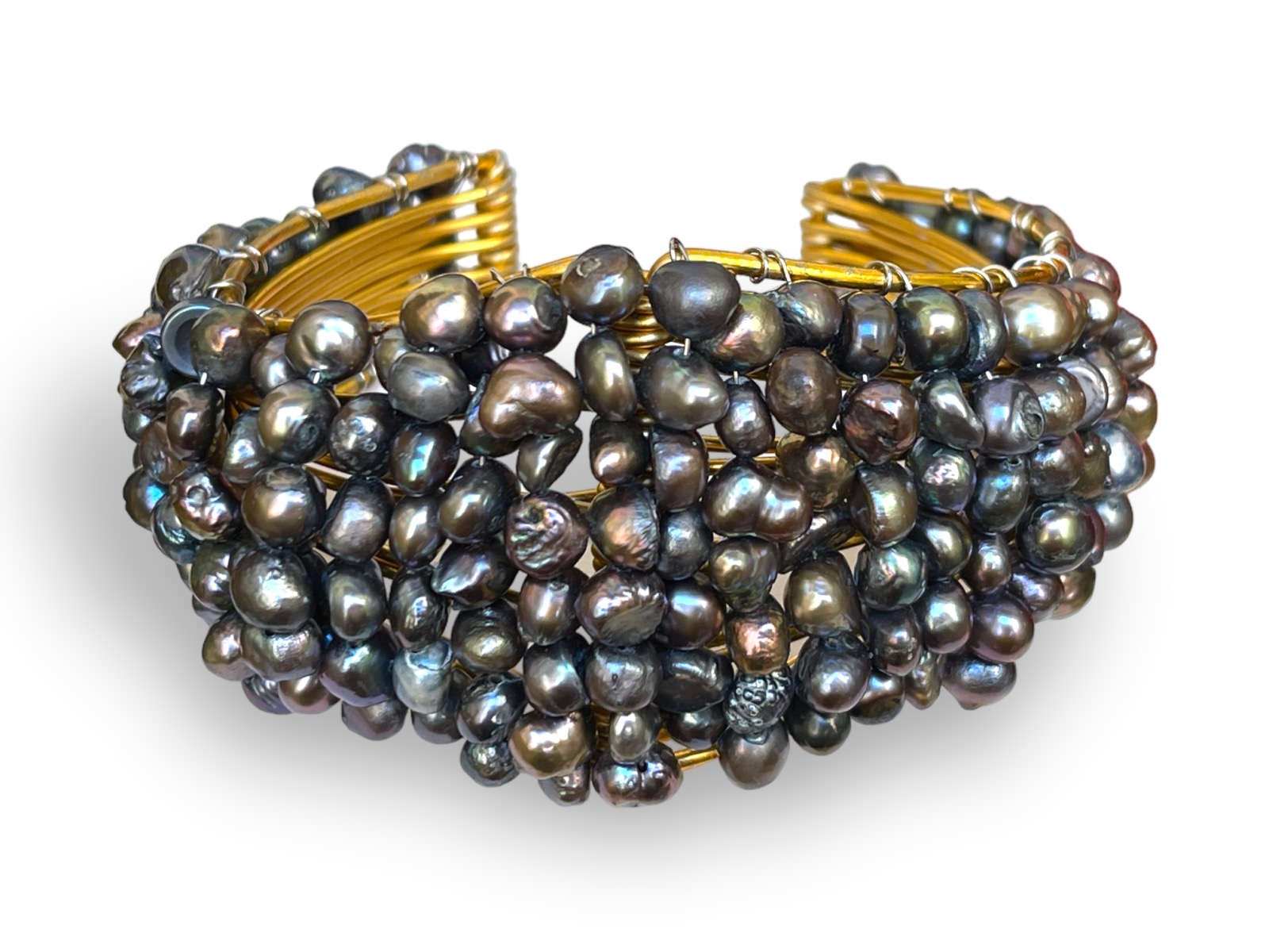 A Brass Tapered Bands Open Cuff Decorated With Small Peacock Freshwater Pearls.