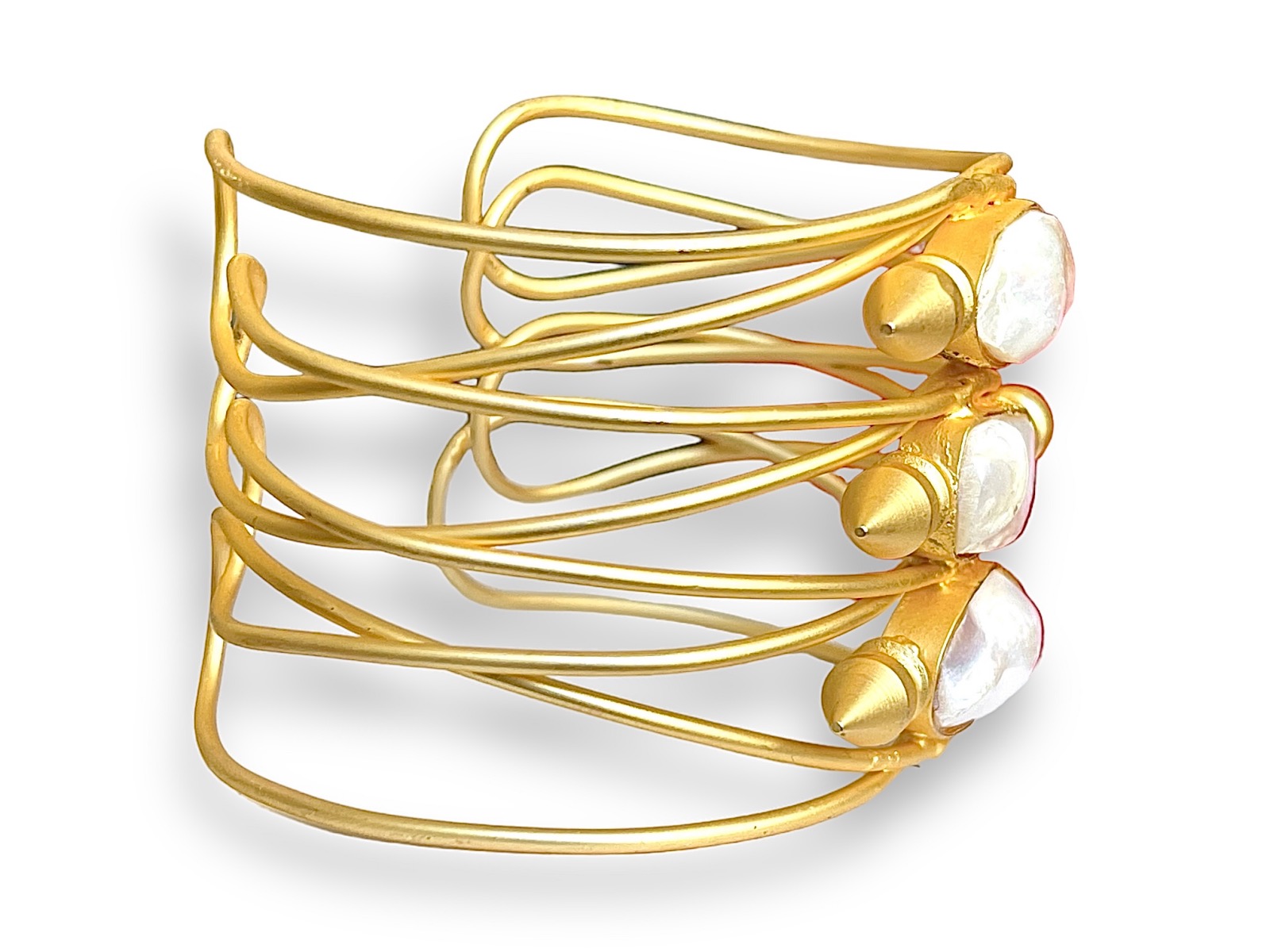 A Gold Plated Open Cuff Of Four Curved Bands, Decorated With Three White Baroque Freshwater Pearls, Each Set In A Gold Plated Patterned Frame. - Image 4