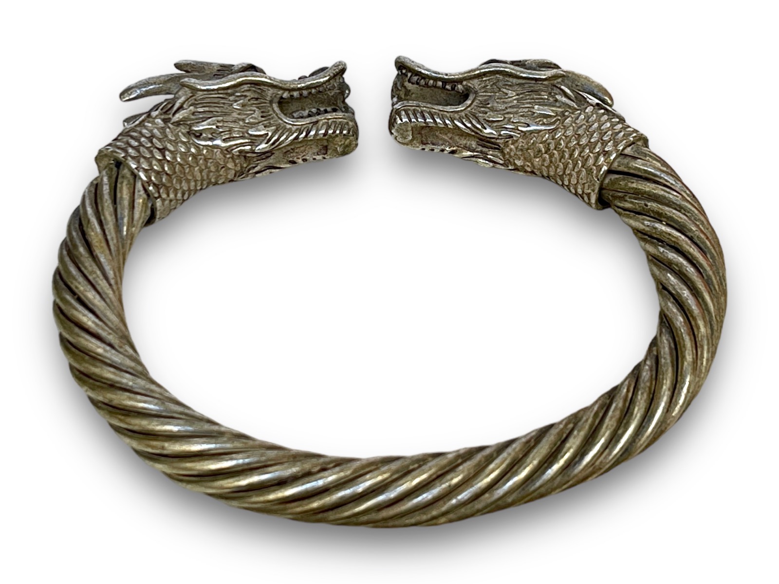 A Miao Old Silver Plated Coiled Bands Open Cuff, With Two Dragon Head Finials. China. - Image 3
