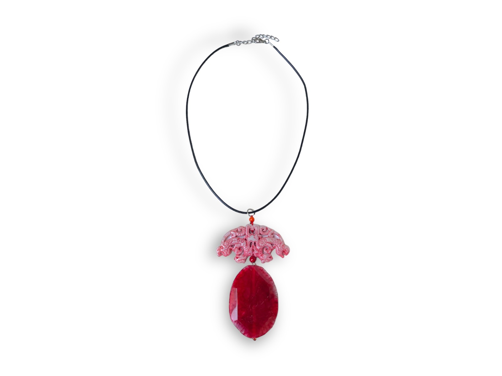 A Chinese Pendant Necklace With A Red Facetted Crystal Oval, Linked To A Pink Dyed Dragons Patterned Jadeite Panel. - Image 2