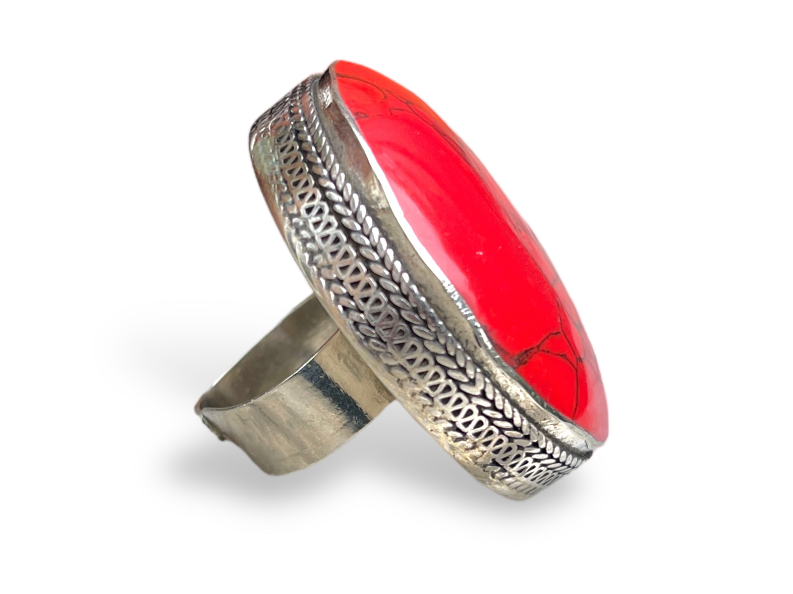 An Afghan Silver Plated Large Ring With A Domed Red Dyed Howlite Cabochon - Image 3