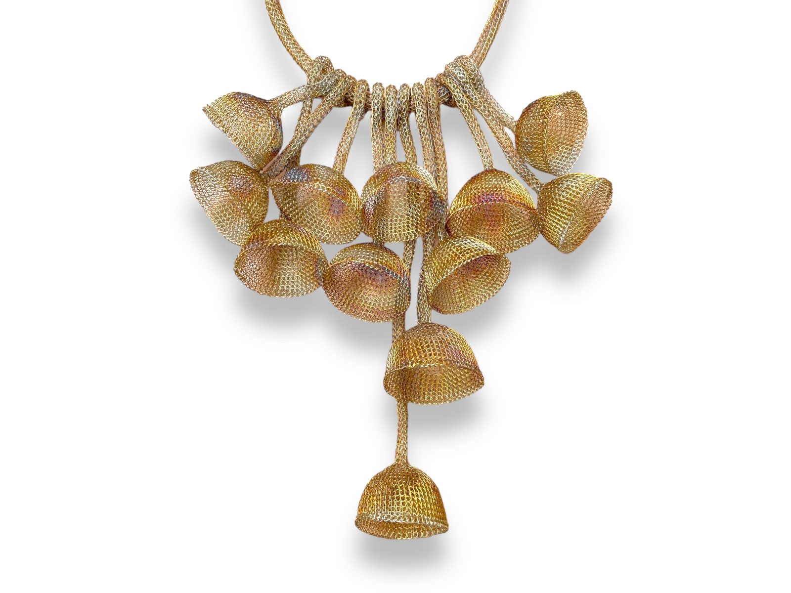 A Sumba Long Necklace Of Golden Metal And Copper Woven Wire Mesh Strands With Bell Shaped Pendants On Graduated Length Strands. - Image 2