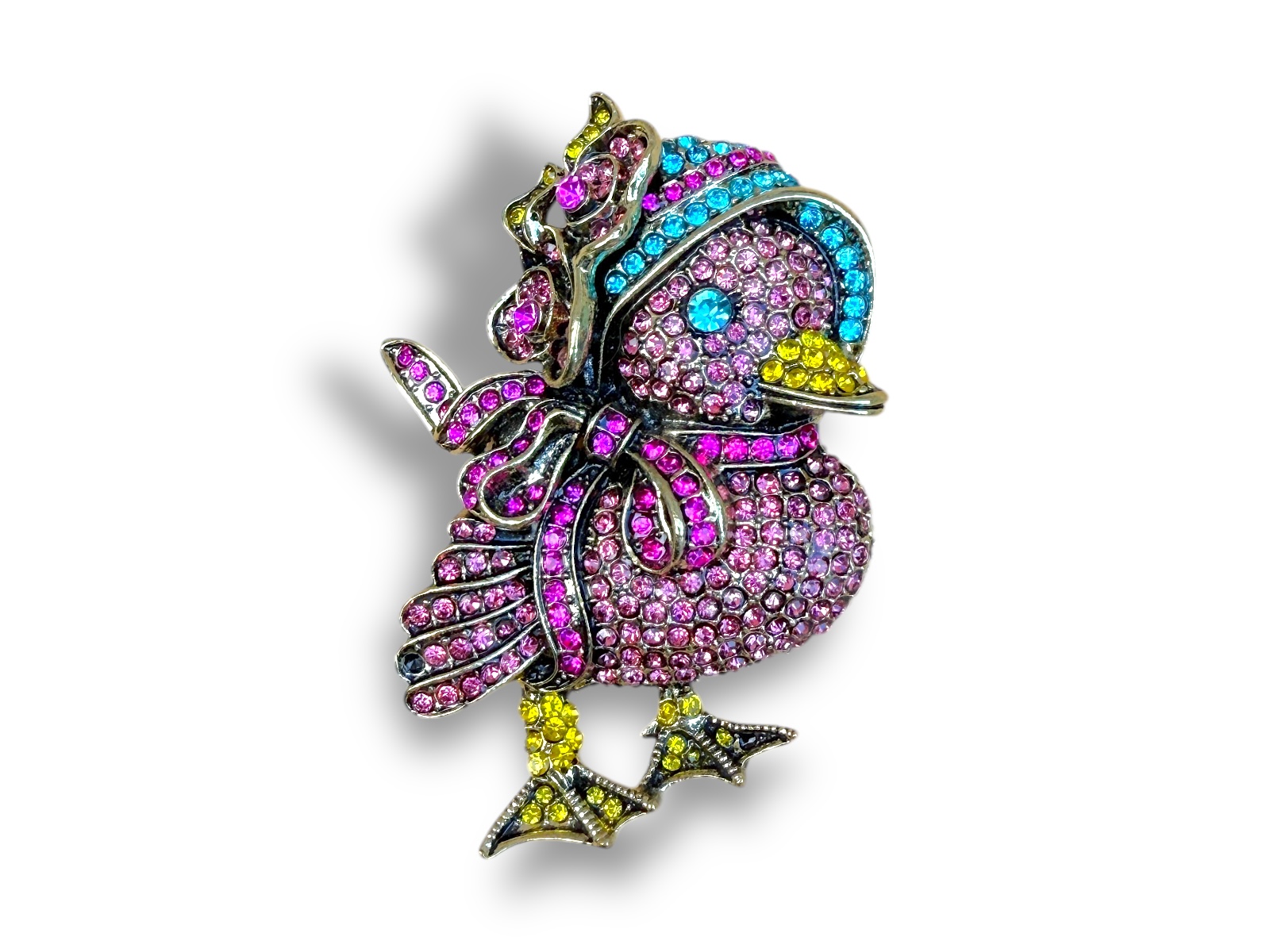 A Golden Metal Duck Brooch Inlaid With Pink, Peach, Turquoise, And Yellow Small Facetted Glass Cabochons.
