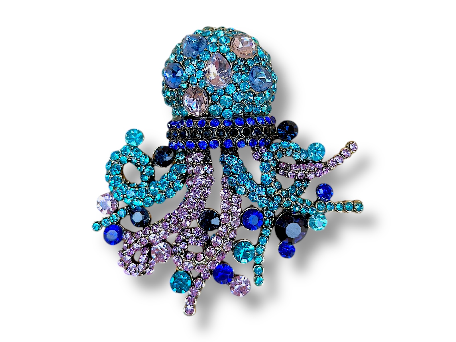 One Golden Metal Octopus Brooch Inlaid With Turquoise, Dark Blue, And Mauve, Small Facetted Glass Beads.