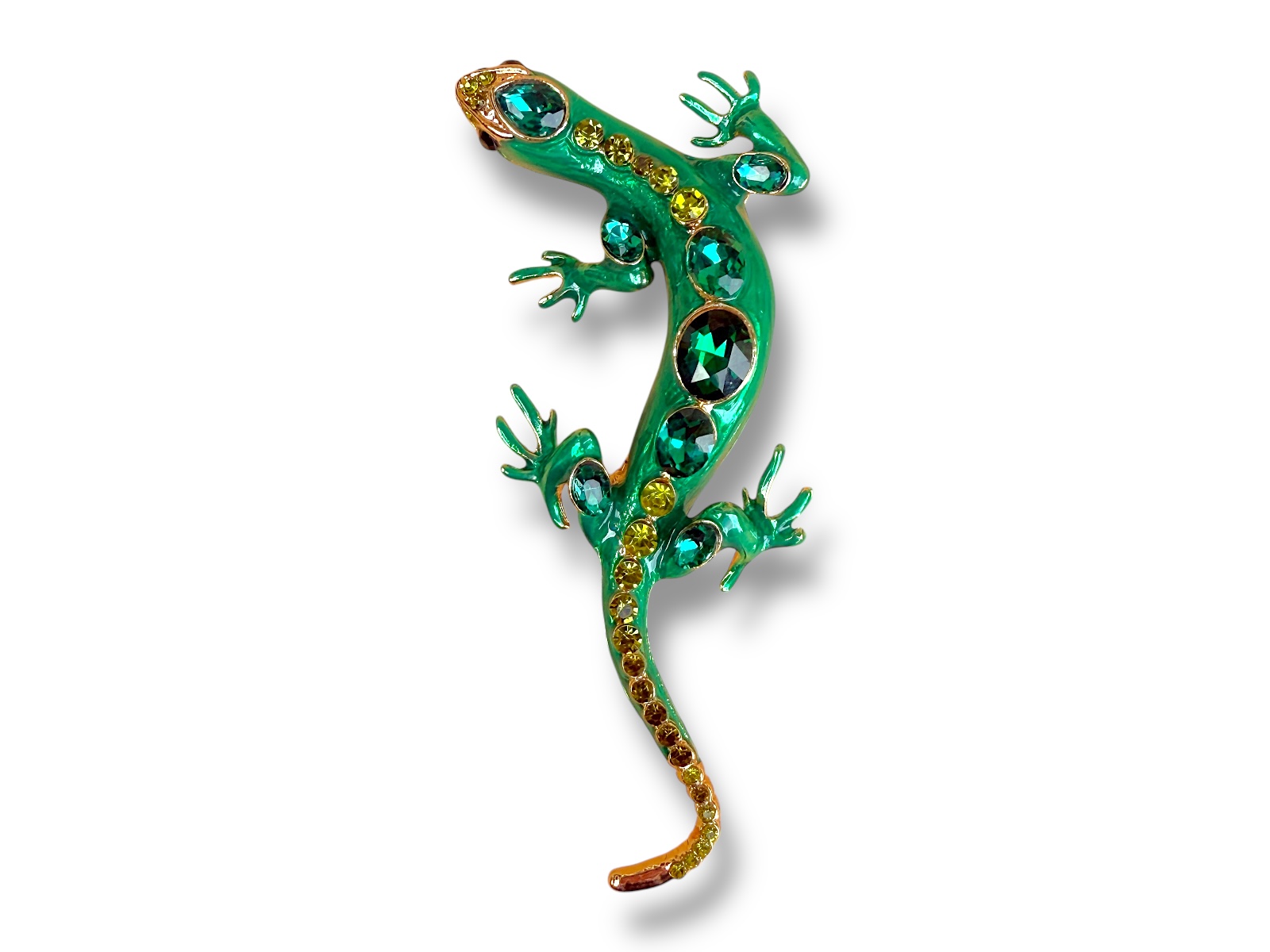 A Golden Metal, Green Enamelled, Brooch Of A Lizard, Inlaid With Light And Dark Green Facetted Glass Beads.