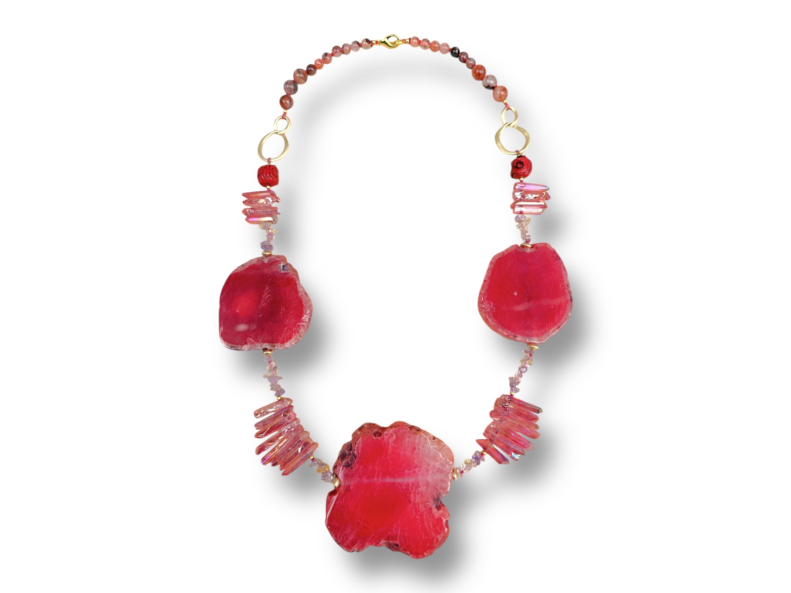 A Necklace Of Large Red Electroplated Rock Crystal Flat Panels, Pink Electroplated Crystal Drops And Brown Agate Round Beads.