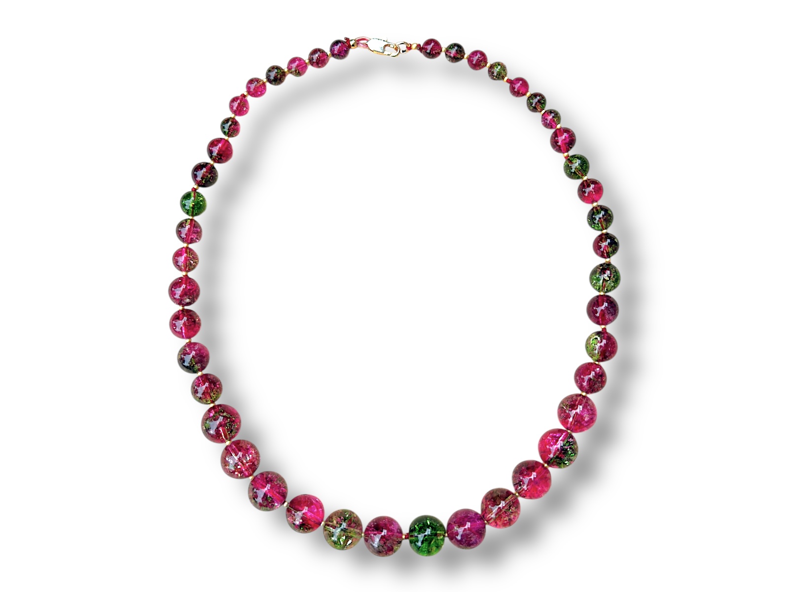 A Necklace Of Graduated Dark Pink And Green Electroplated Rock Crystal Round Beads, And Small Gold Plated Round Spacers.