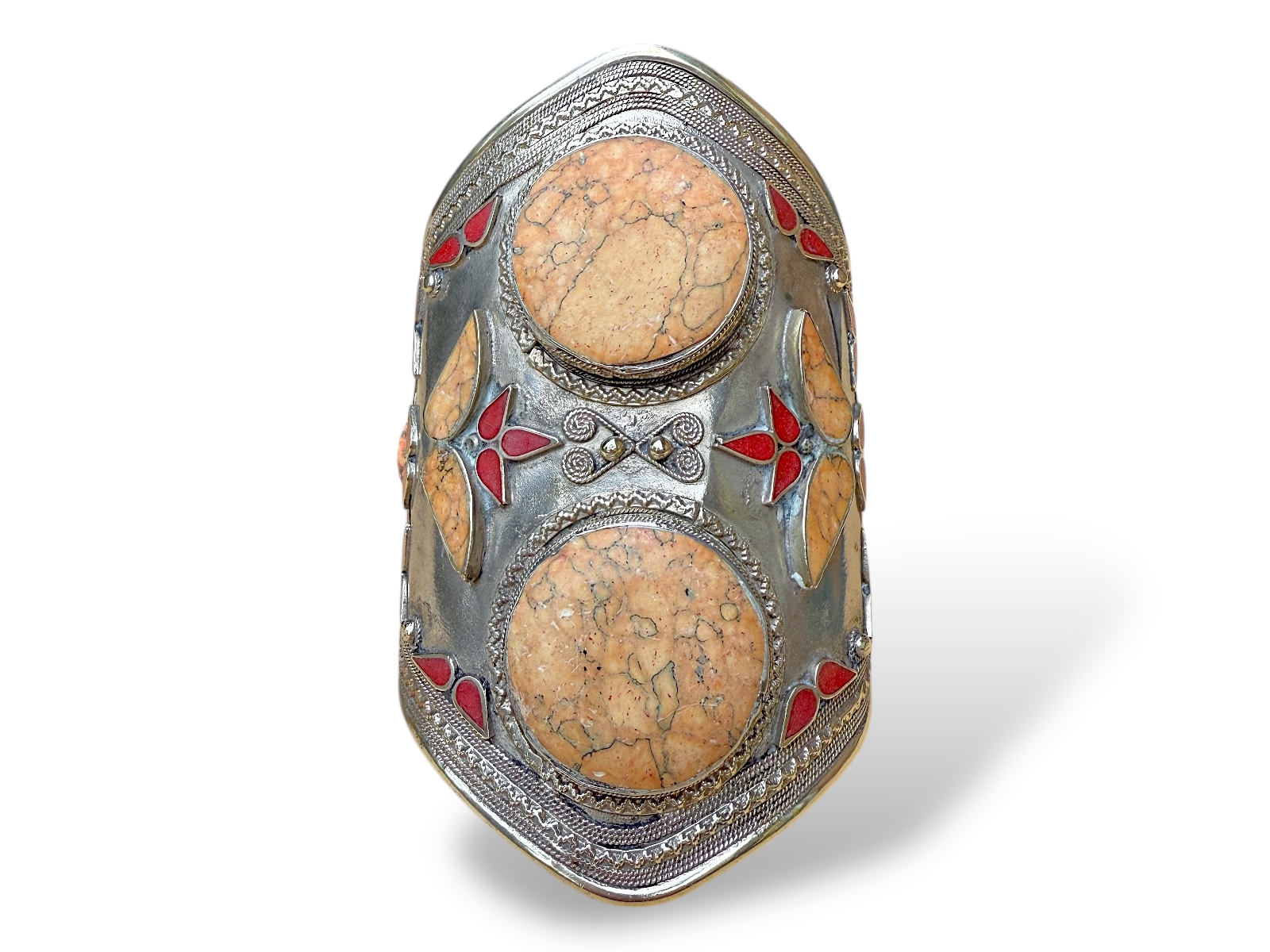 An Afghan Large Silvered Metal Patterned Open Cuff, Inlaid With Light Orange Dyed Howlite Panels And Small Red Glass Panels.