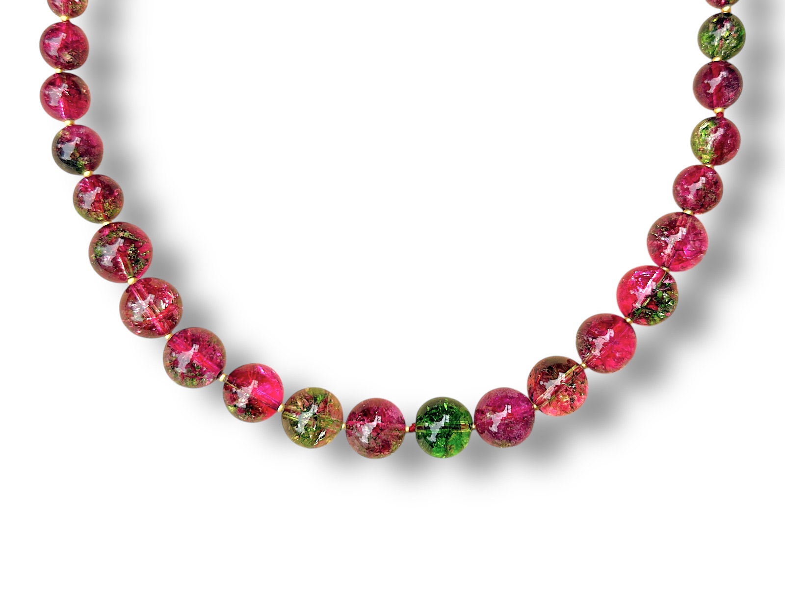 A Necklace Of Graduated Dark Pink And Green Electroplated Rock Crystal Round Beads, And Small Gold Plated Round Spacers. - Image 2