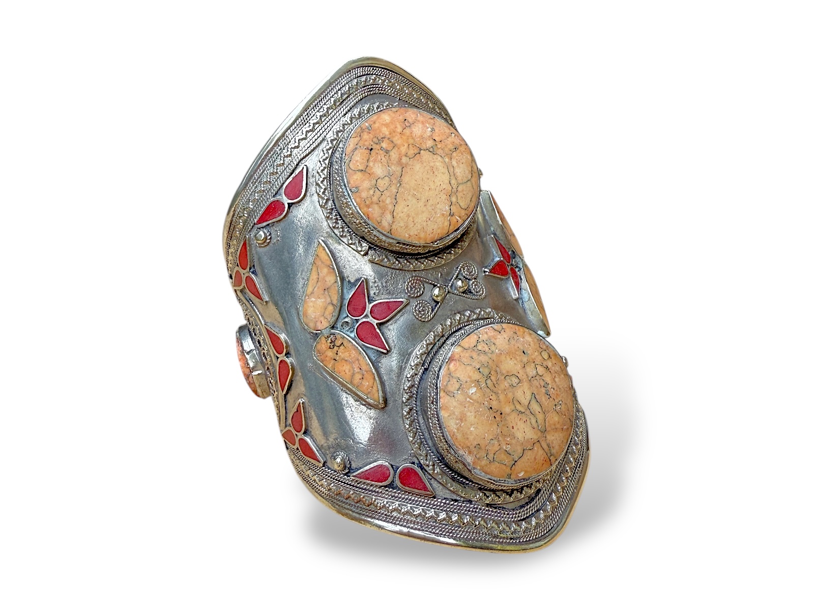 An Afghan Large Silvered Metal Patterned Open Cuff, Inlaid With Light Orange Dyed Howlite Panels And Small Red Glass Panels. - Image 2