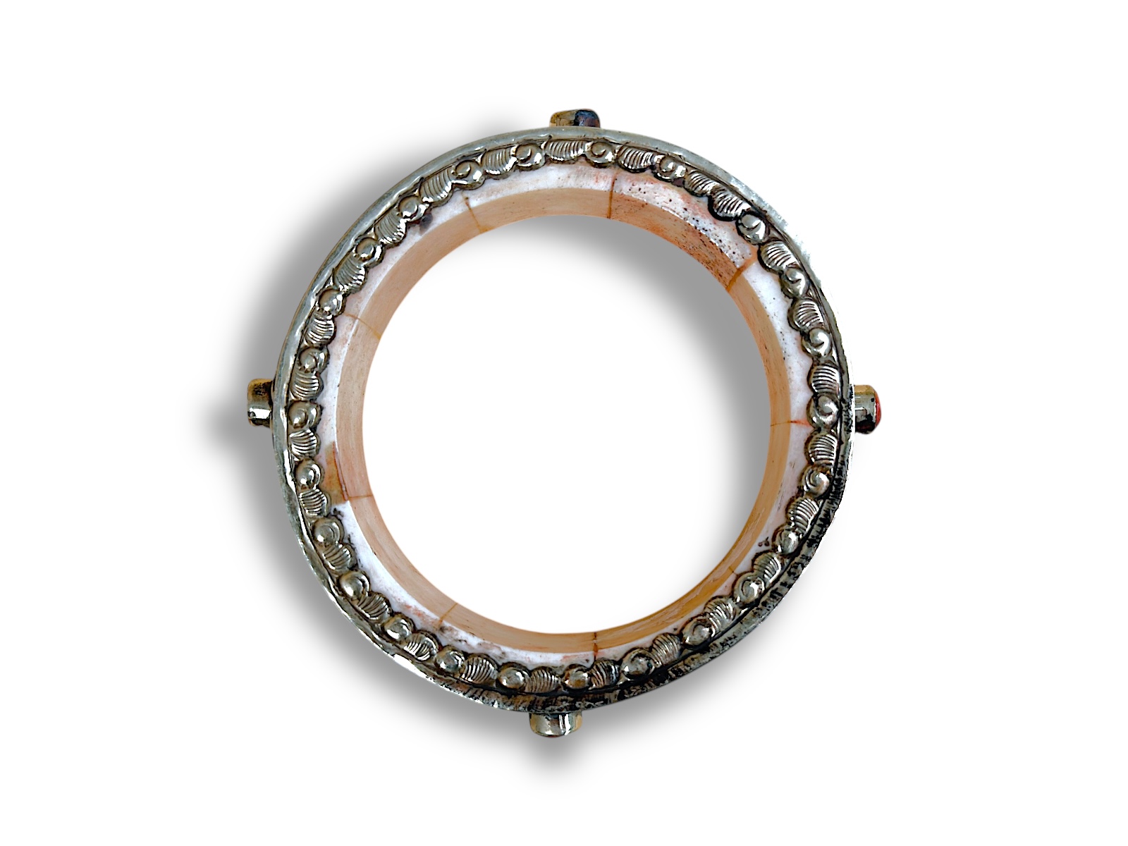 A Tibetan Bangle Of Cream Bone Rectangular Panels With Patterned Silver Borders And Four Silver Floral Patterned Panels. - Image 3