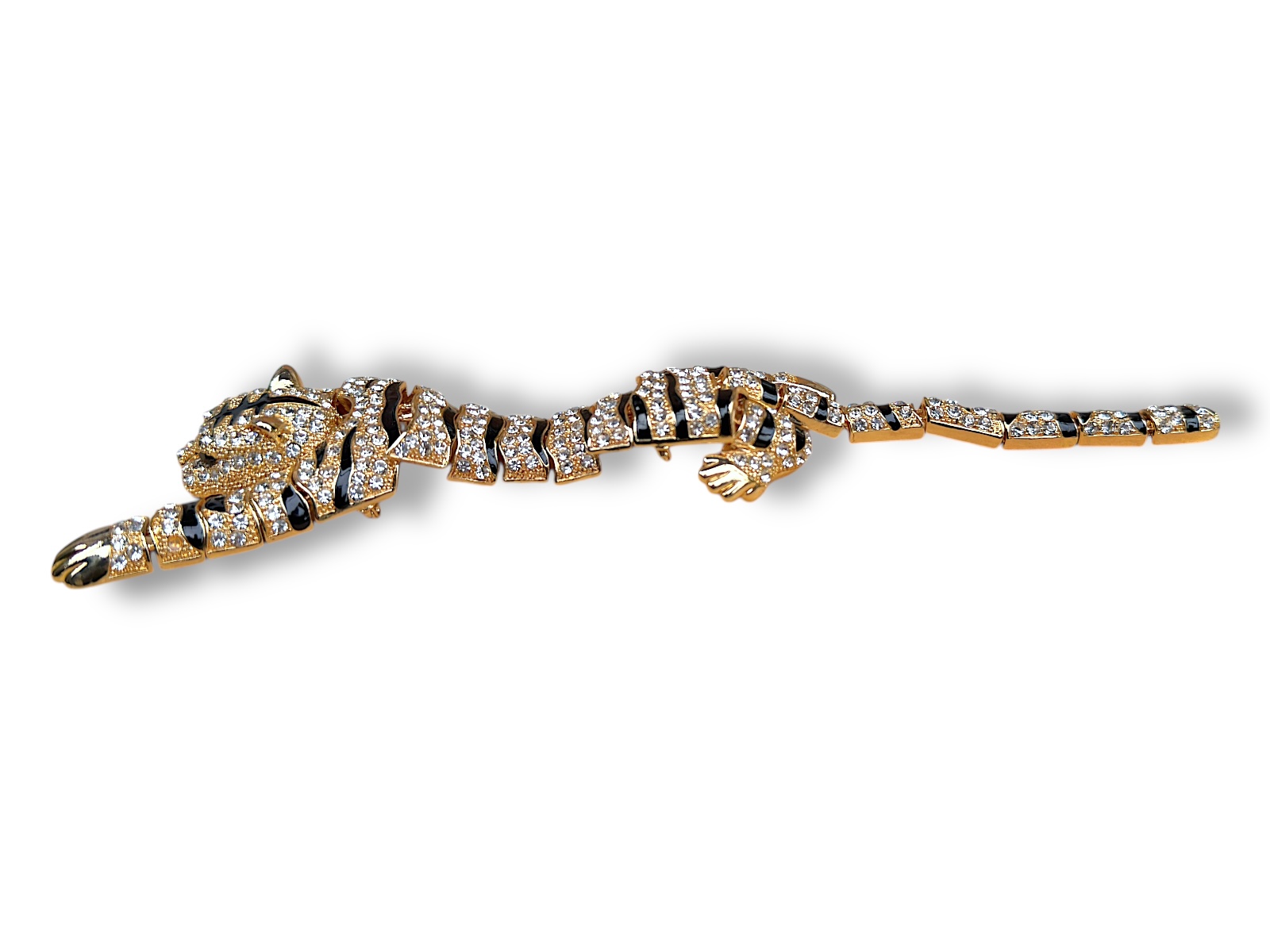 A Golden Metal Long Brooch Of A Leopard, With Linked Panels, Each Inlaid With Small Clear Facetted Glass Beads. - Image 3