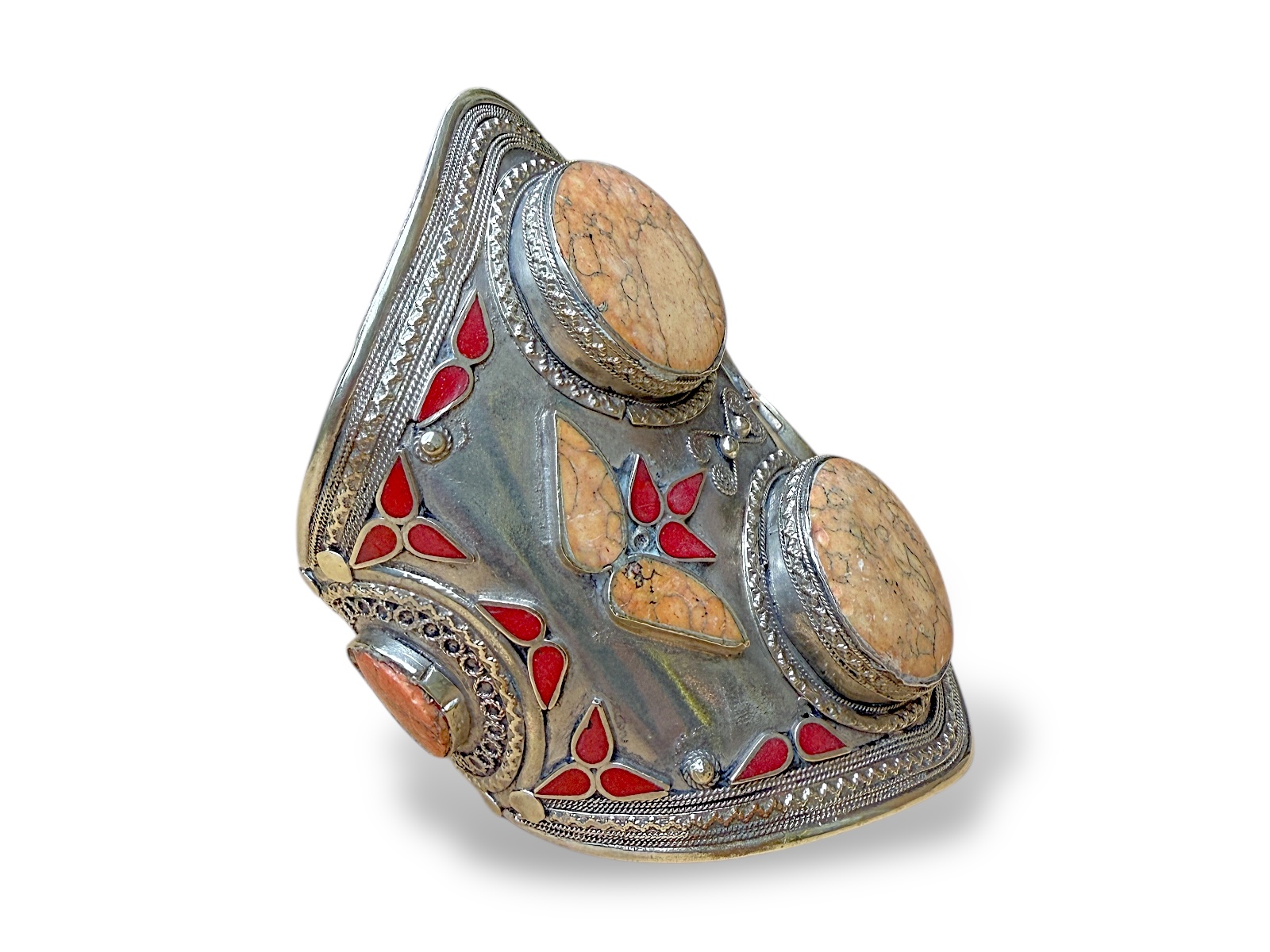 An Afghan Large Silvered Metal Patterned Open Cuff, Inlaid With Light Orange Dyed Howlite Panels And Small Red Glass Panels. - Image 3