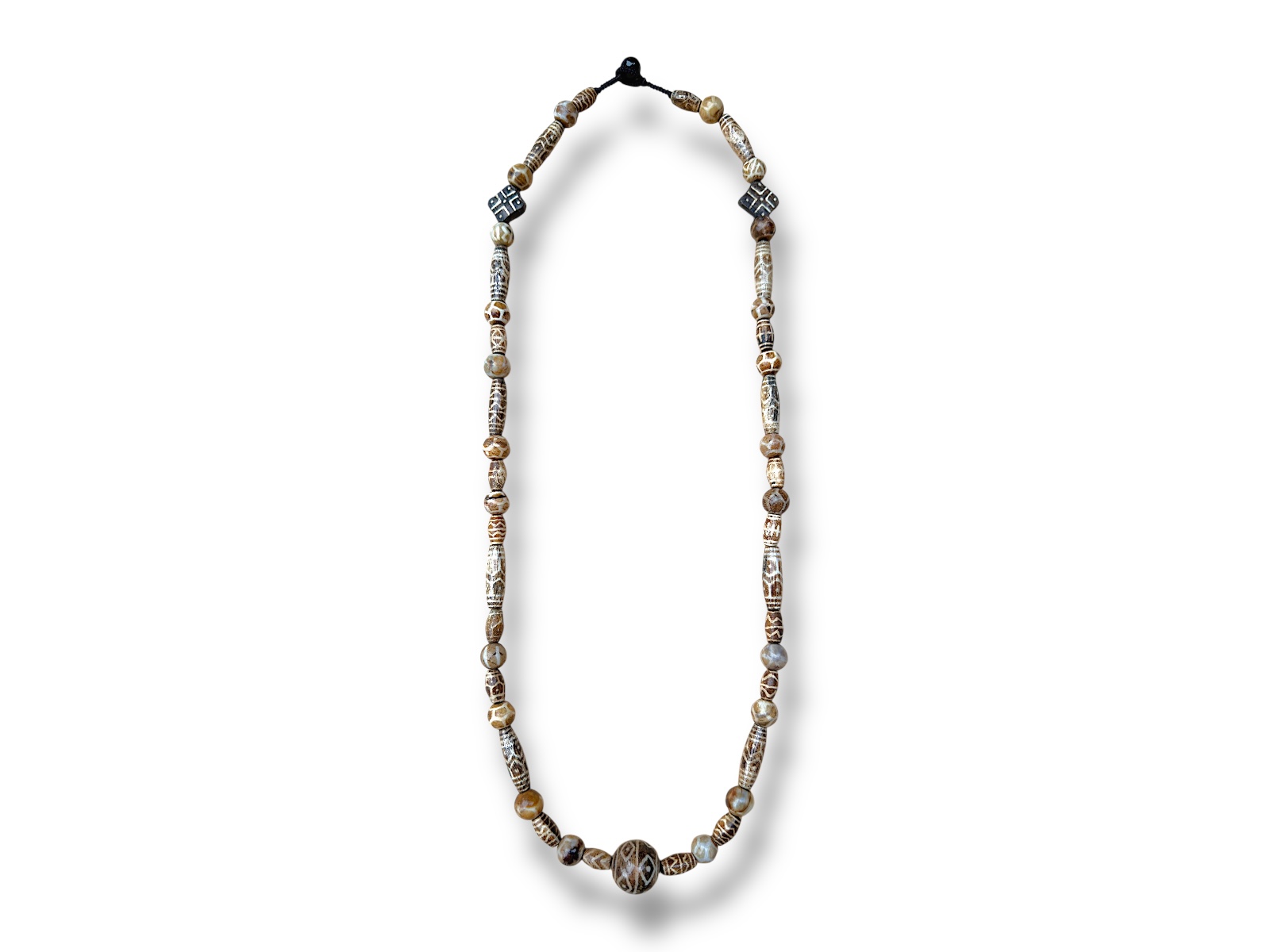 A Long Necklace Of Light Brown And Cream Coloured Patterned Resin Dzi Beads Of Mixed Shaped And Sizes. - Image 3