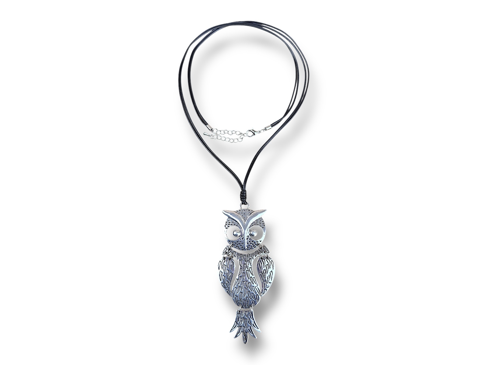 A Silvered Metal Owl Pendant Of Five Patterned Linked Panels, Suspended From A Black Braided Leather Four Strand Necklace. - Image 2