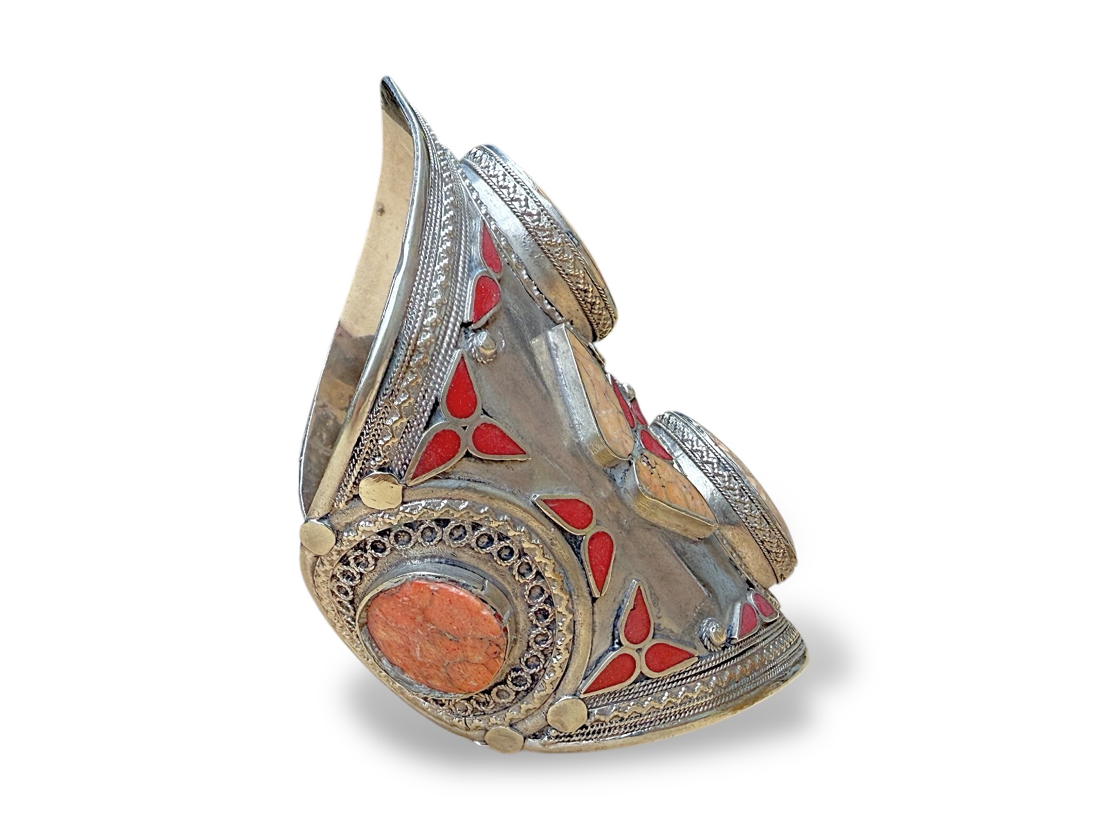 An Afghan Large Silvered Metal Patterned Open Cuff, Inlaid With Light Orange Dyed Howlite Panels And Small Red Glass Panels. - Image 4
