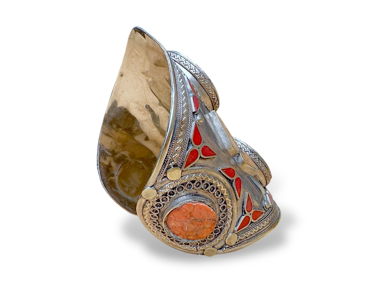 An Afghan Large Silvered Metal Patterned Open Cuff, Inlaid With Light Orange Dyed Howlite Panels And Small Red Glass Panels. - Image 5