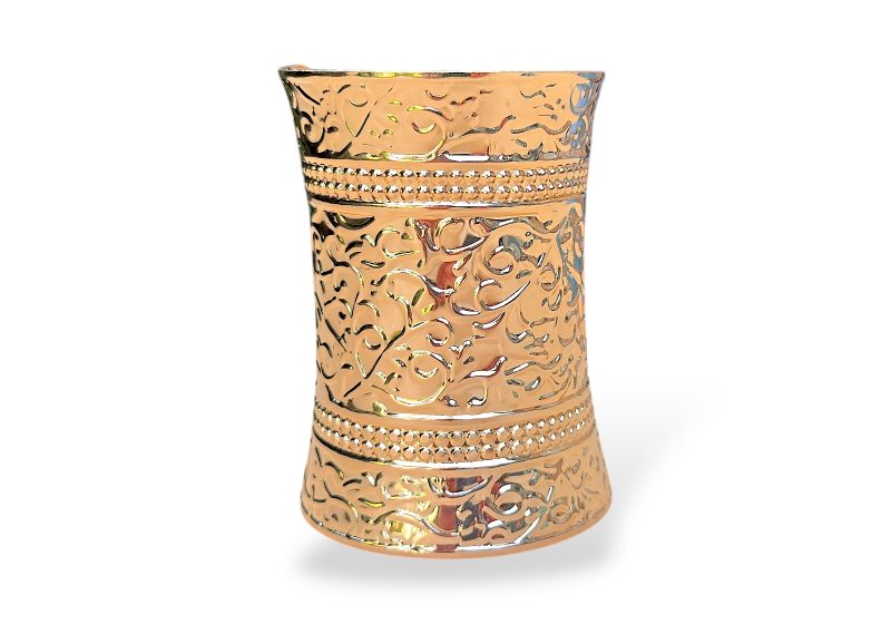 A Golden Metal Long Open Cuff, Decorated With A Patterned Of Curved And Coiled Bands, And Lines Of Small Round Beads.