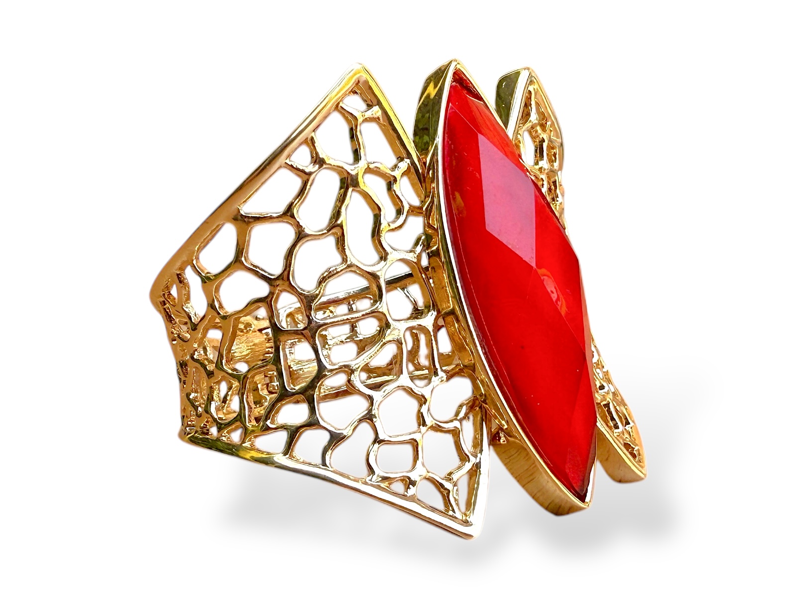 A Golden Metal Filigree Patterned Tapered Bands Hinged Bangle With A Red Facetted Glass Domed Pointed Oval Centre. - Image 2