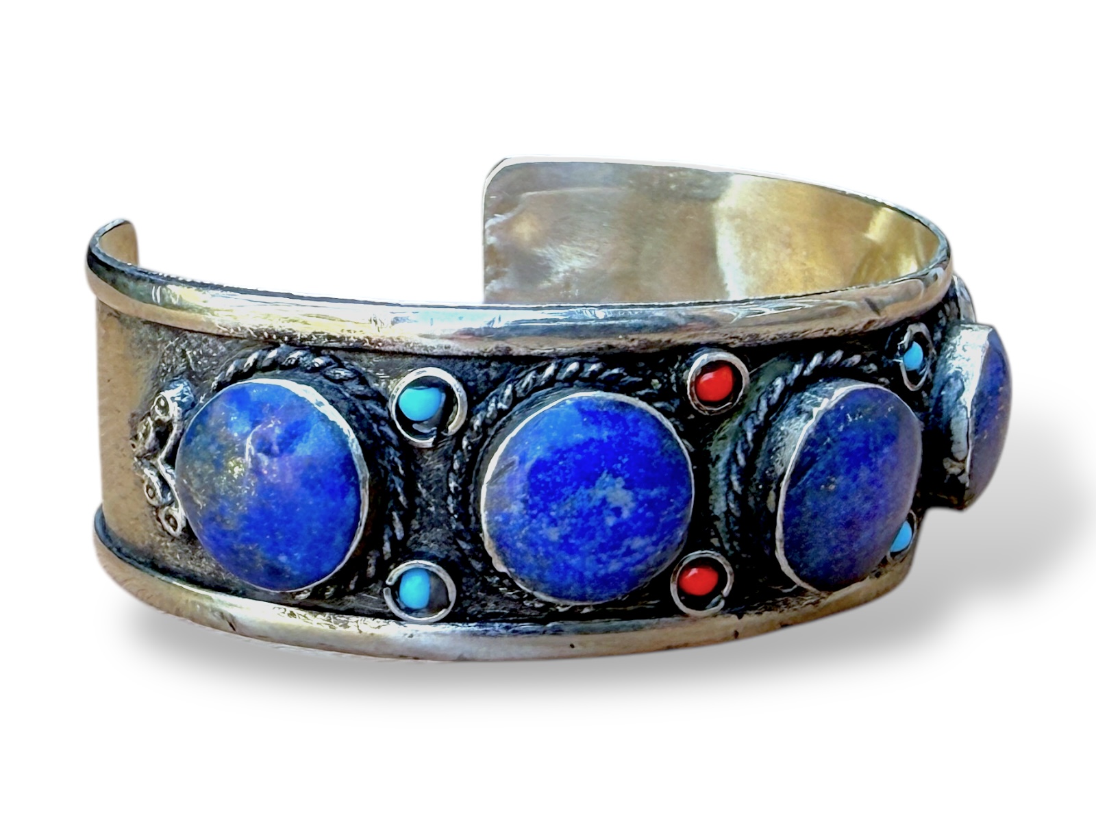 An Afghan Silver Plated Open Cuff, Inlaid With Lapis Lazuli Domed Circular Beads And Small Round Red And Turquoise Glass Beads. - Image 2