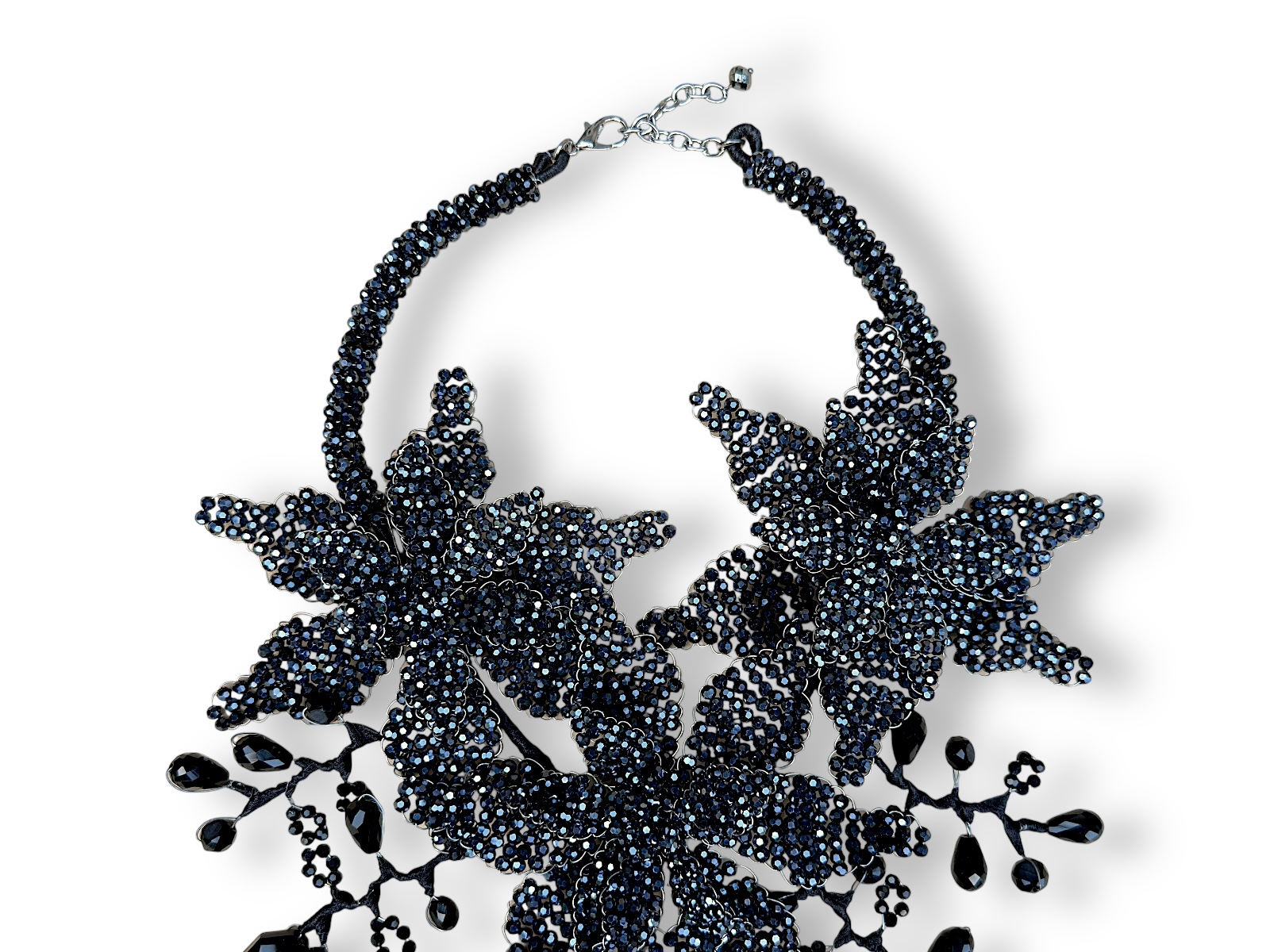 A Thai Large, Floral Patterned, Curved Bands Necklace And Pendant, Of Mixed Shaped And Sized, Black Facetted Glass Beads. - Image 2