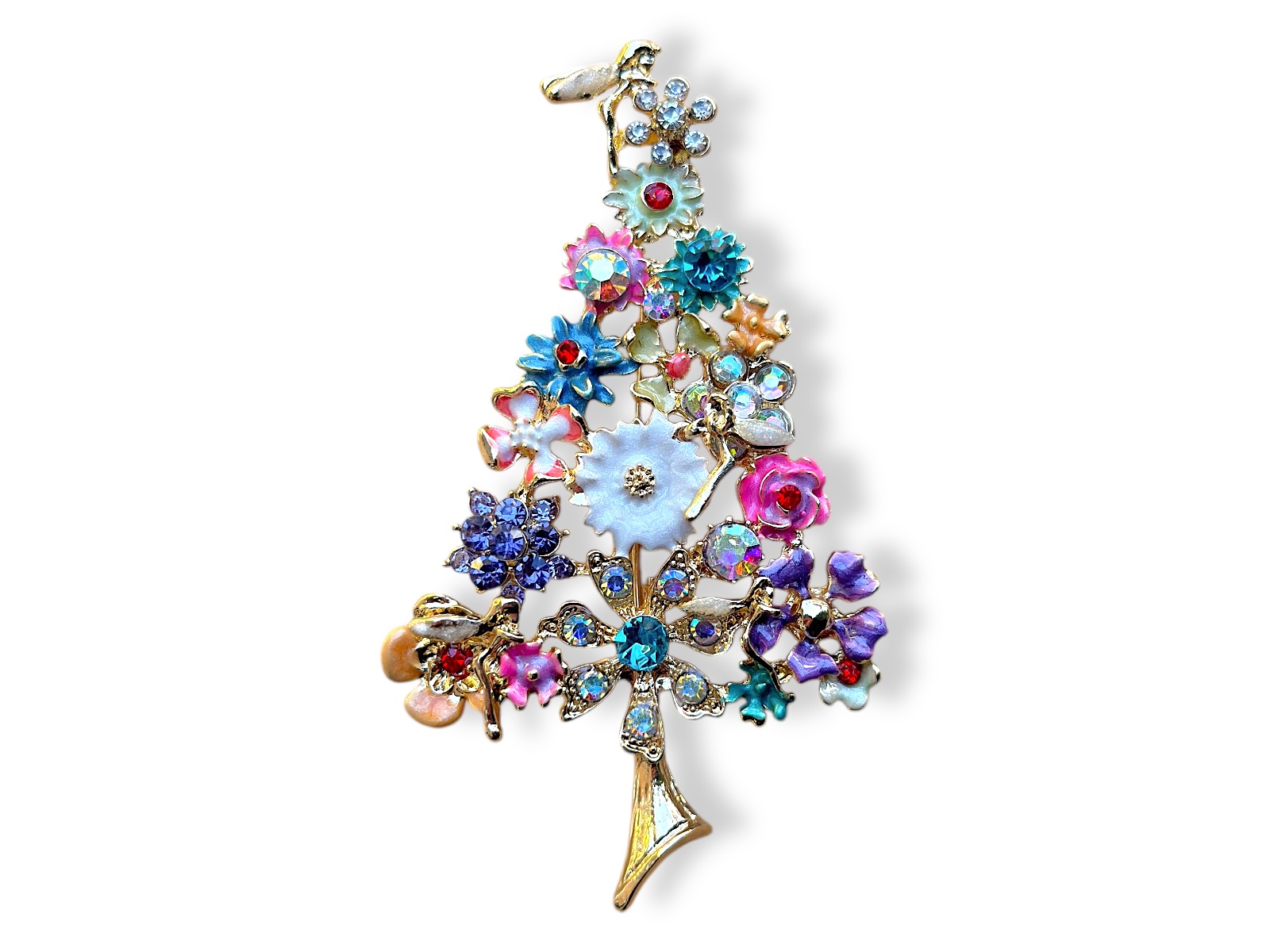 A Golden Metal Brooch Of A Tree With Multicoloured Enamelled Flowers, Small Multicoloured Facetted Glass Beads, And Birds.