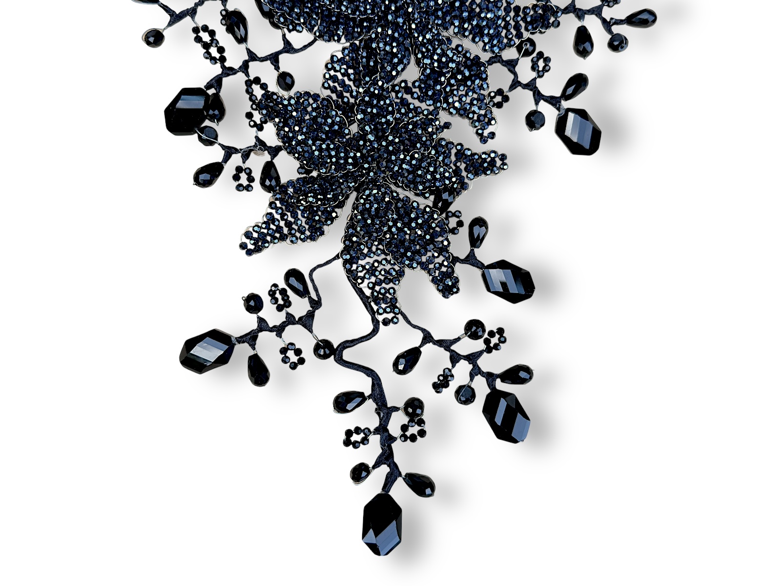 A Thai Large, Floral Patterned, Curved Bands Necklace And Pendant, Of Mixed Shaped And Sized, Black Facetted Glass Beads. - Image 3