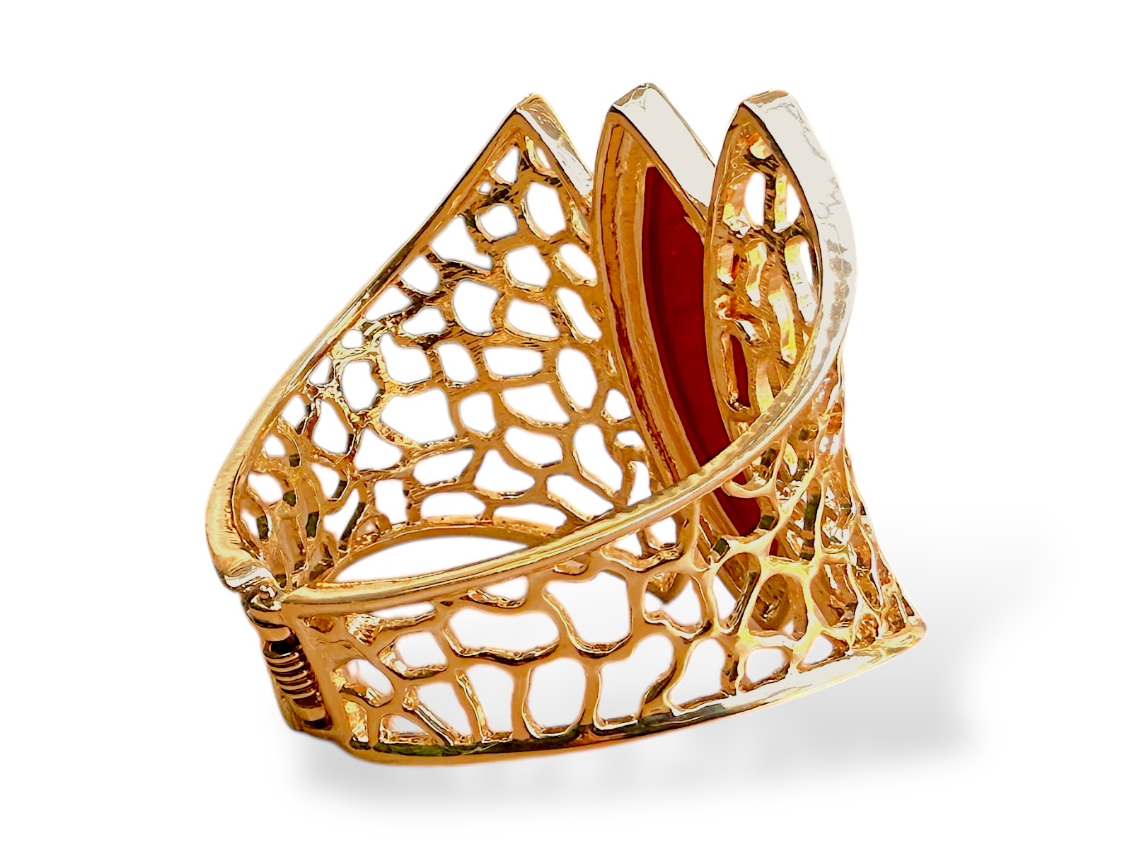 A Golden Metal Filigree Patterned Tapered Bands Hinged Bangle With A Red Facetted Glass Domed Pointed Oval Centre. - Image 4
