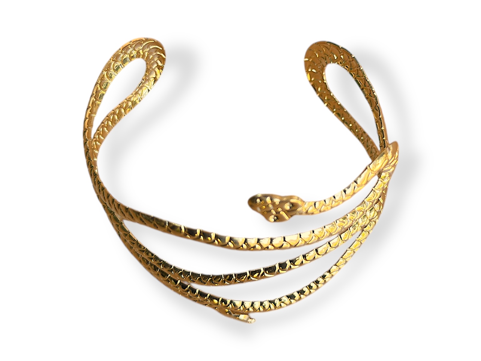 A Golden Metal Wide Armlet With A Coiled 'Scales'Patterned Band Of A Snake With Two Patterned Snake Head Finials. - Image 4