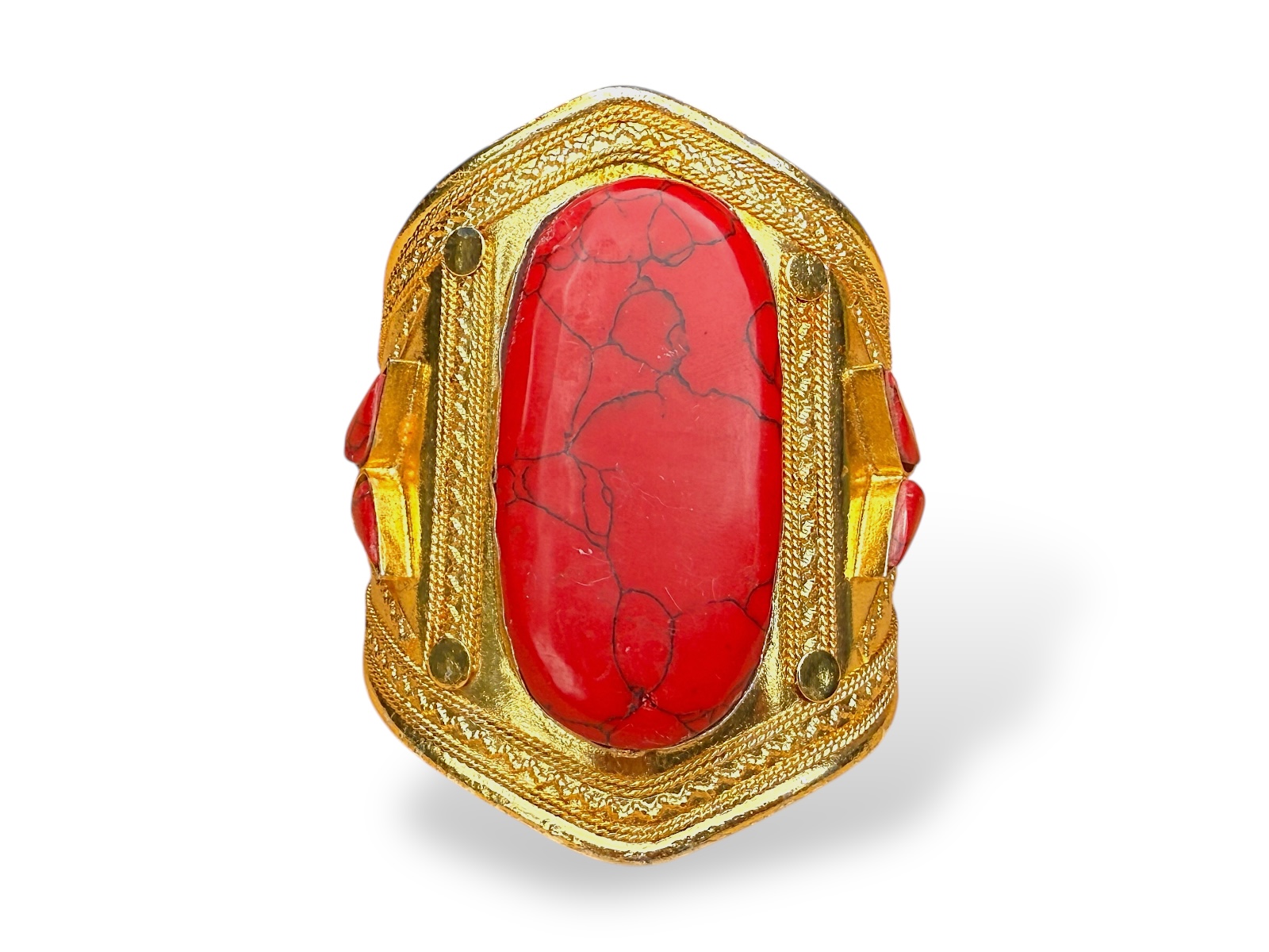 An Afghan Gold Plated Patterned Open Cuff, Inlaid With A Large Domed Oval Red Dyed Howlite Panel And Small Teardrop Beads.