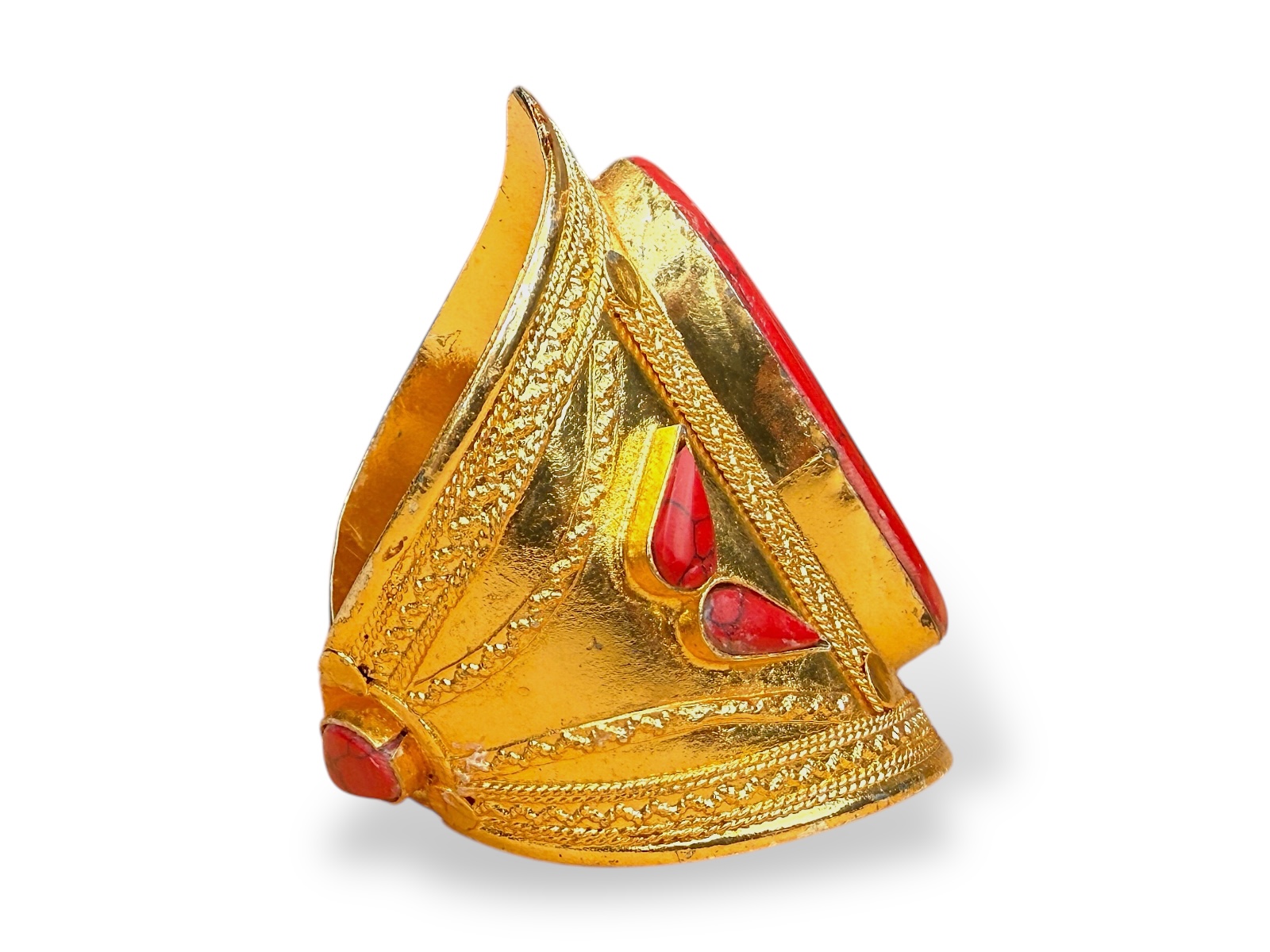 An Afghan Gold Plated Patterned Open Cuff, Inlaid With A Large Domed Oval Red Dyed Howlite Panel And Small Teardrop Beads. - Image 2