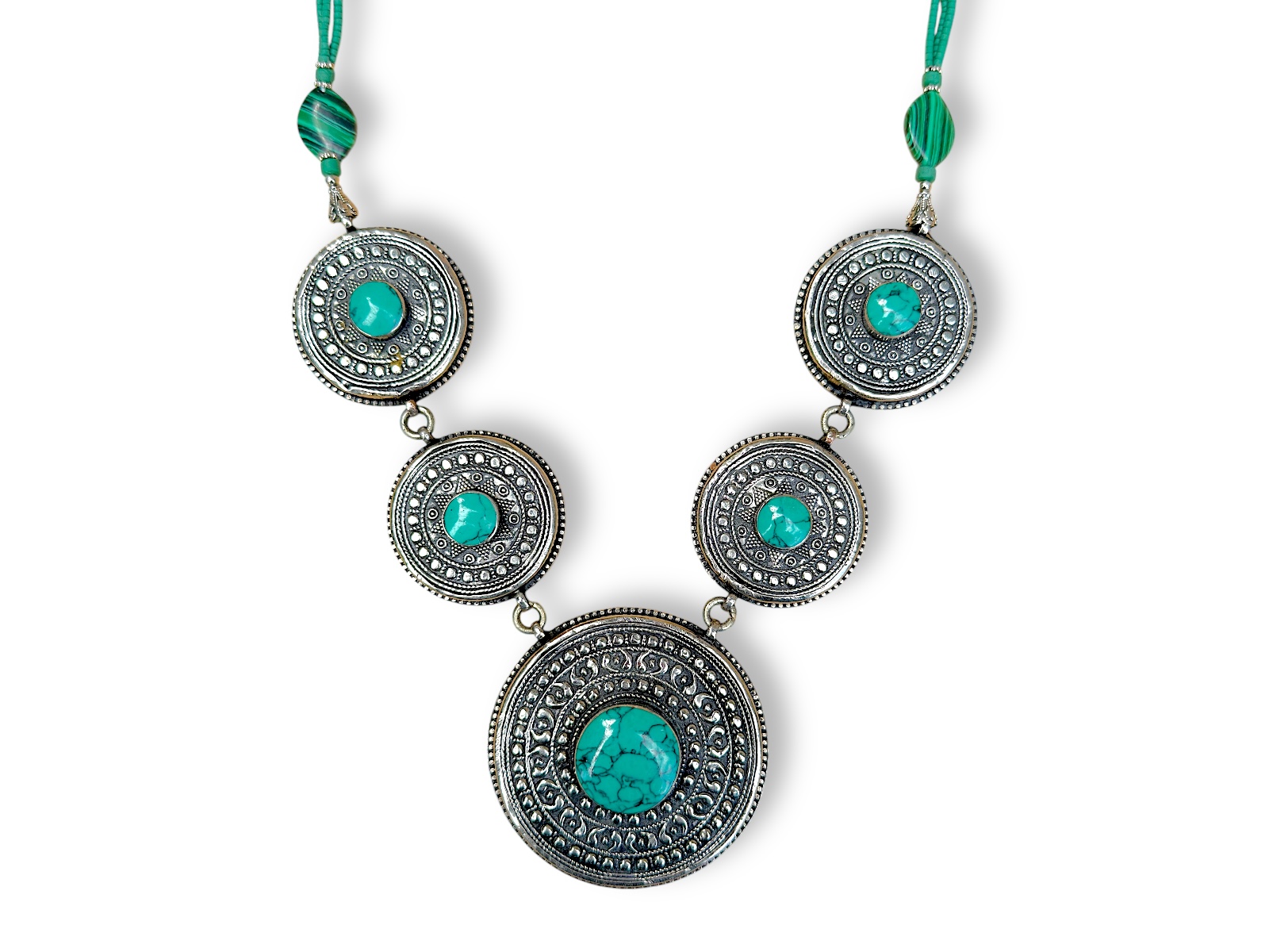 An Afghan Long Necklace Of Green Glass Beads, And Silver Plated Patterned Discs, Each With A Turquoise Domed Circular Centre. - Image 2