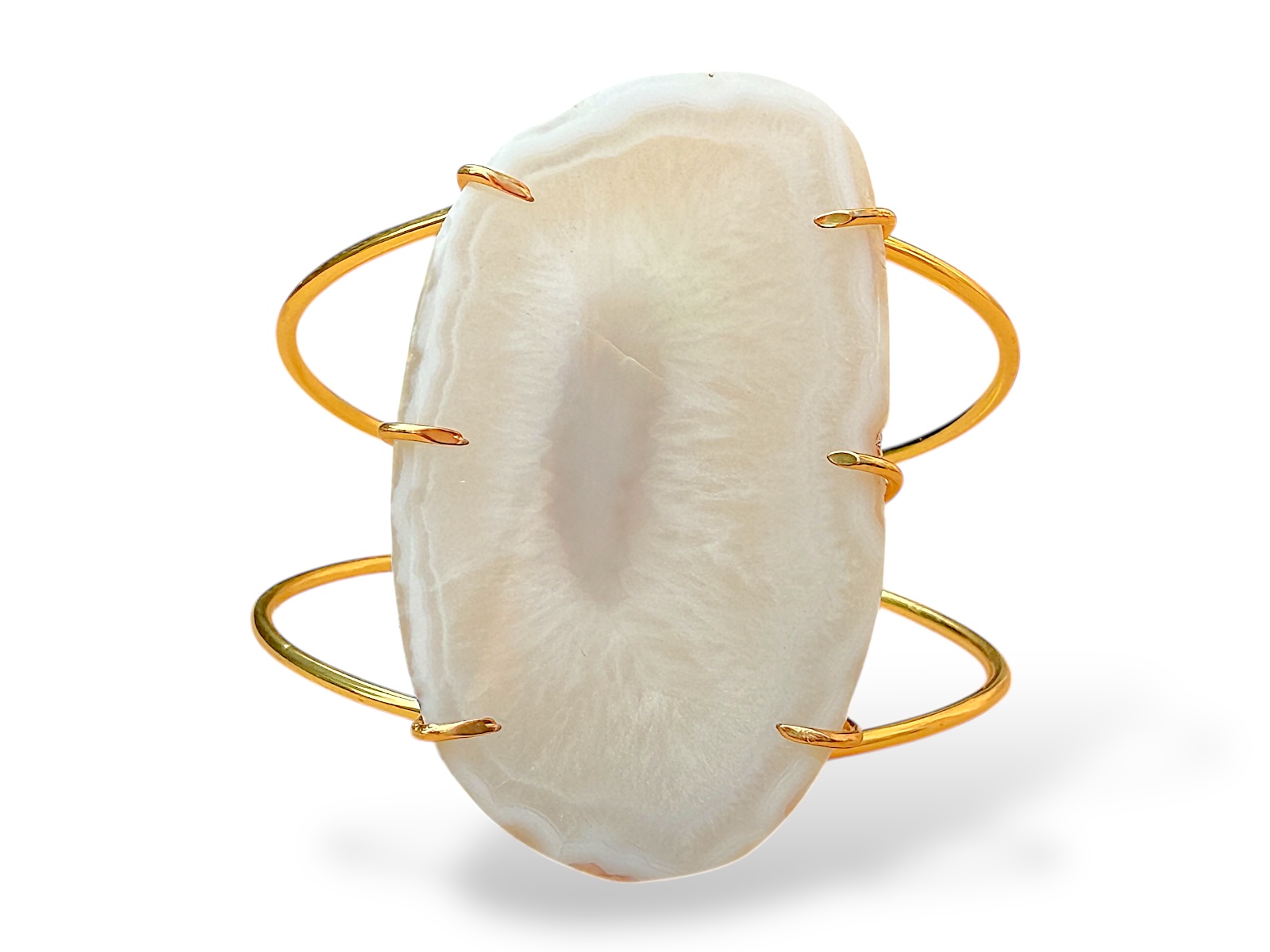 A Gold Plated Tapered Bands Open Cuff, With A Large, Natural Patterned, White Agate Oval Panel.