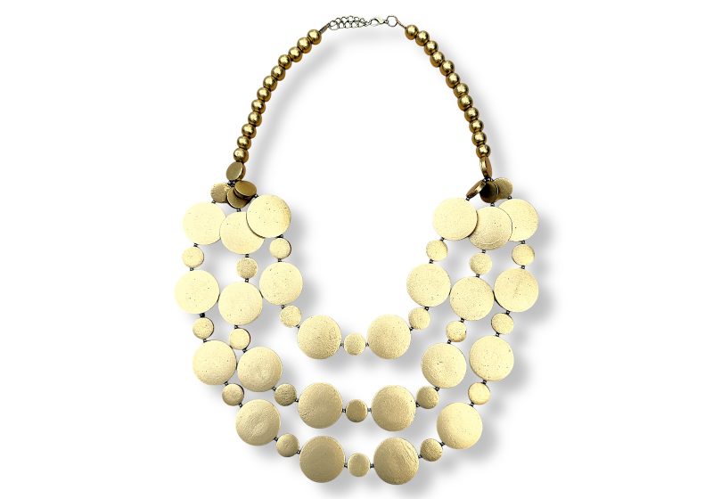 One Necklace With Three Strands Of Large And Small, Gold Painted, Wood Discs, And Gold Painted Round Wood Beads.
