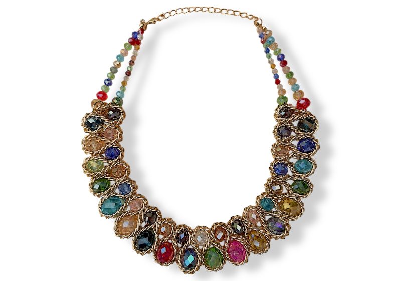 A Golden Metal Chain Necklace With A Curved Panel Inlaid With Different Coloured Round And Teardrop Facetted Resin Beads.