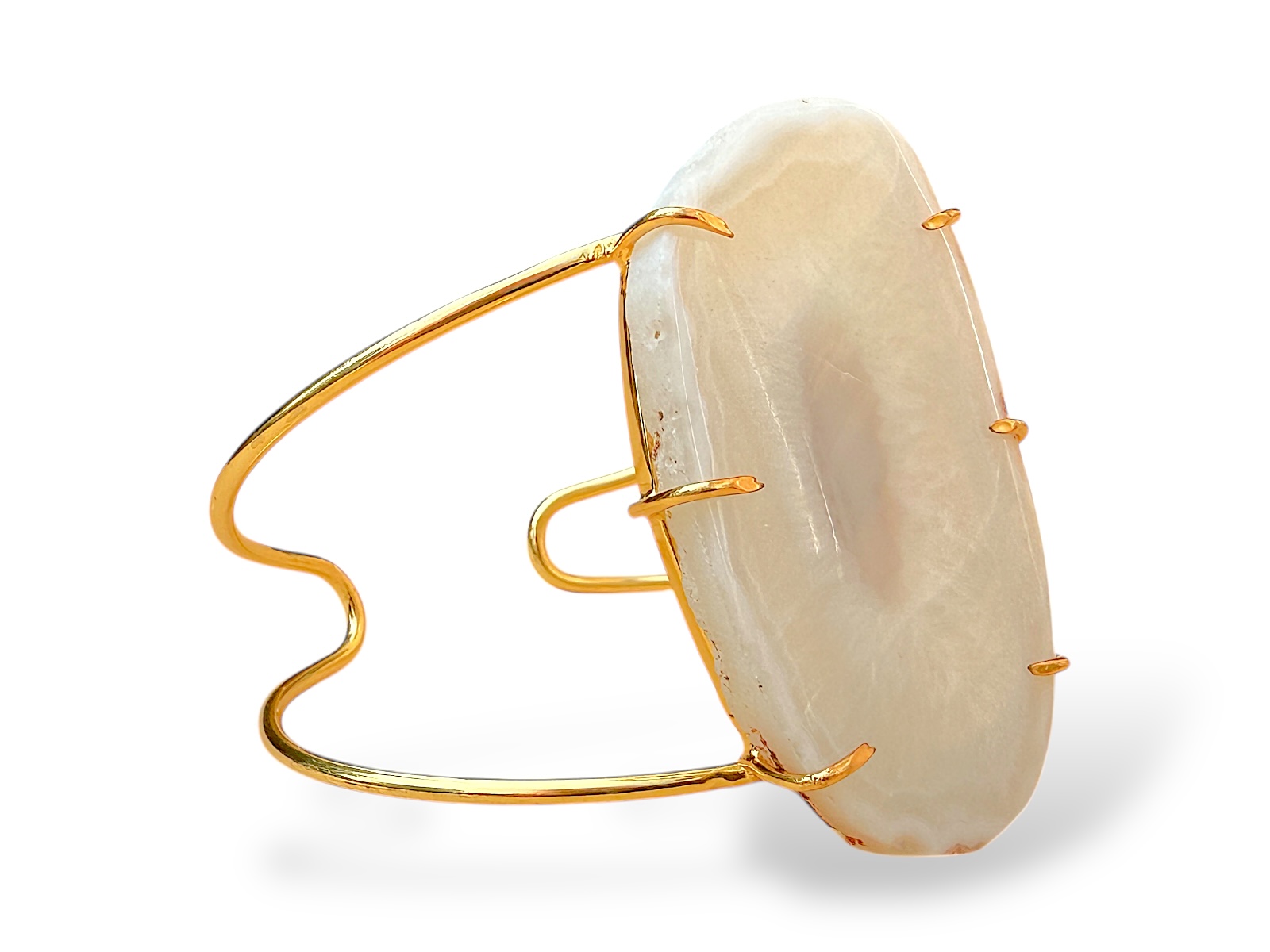 A Gold Plated Tapered Bands Open Cuff, With A Large, Natural Patterned, White Agate Oval Panel. - Image 2