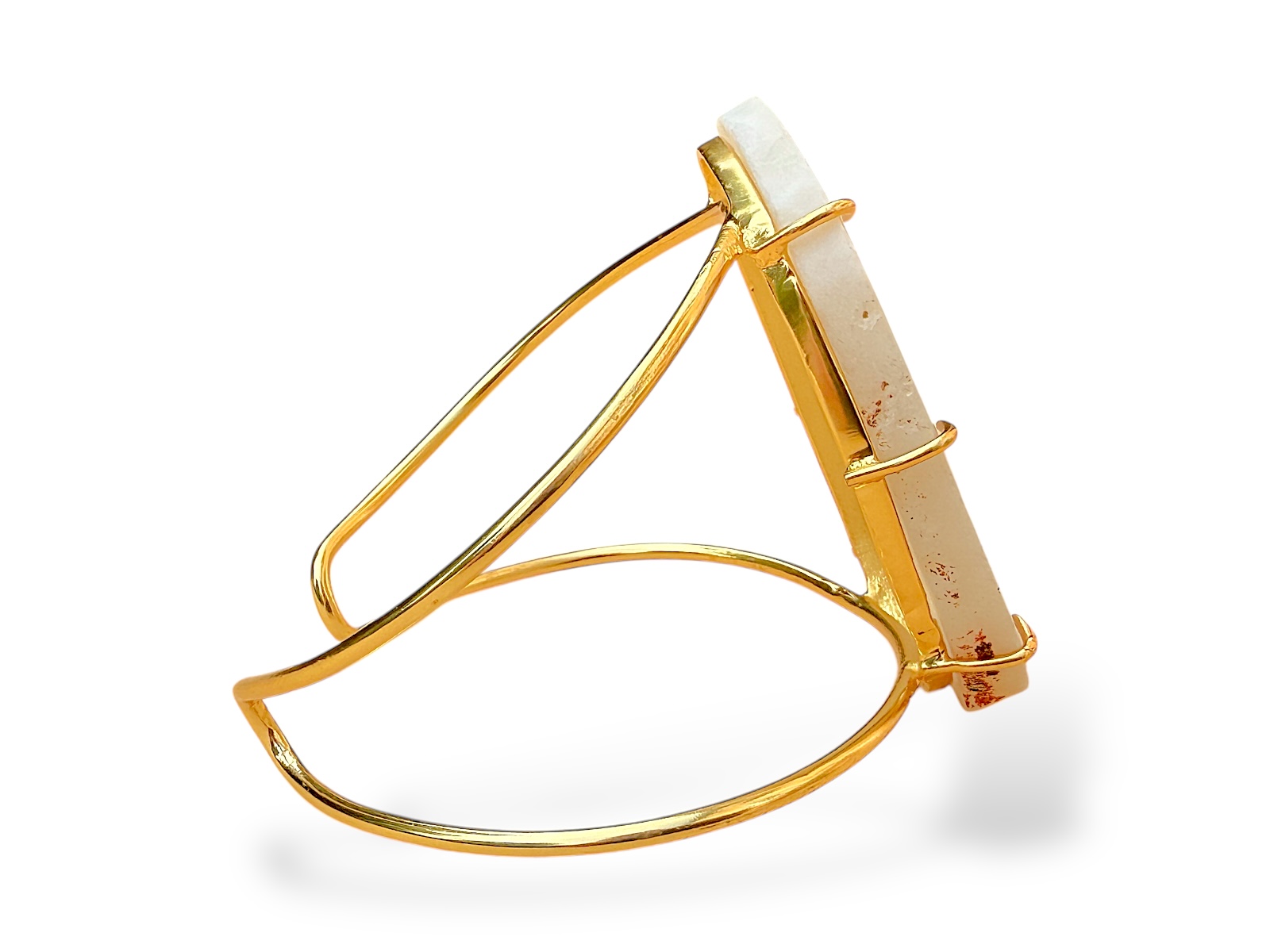 A Gold Plated Tapered Bands Open Cuff, With A Large, Natural Patterned, White Agate Oval Panel. - Image 3